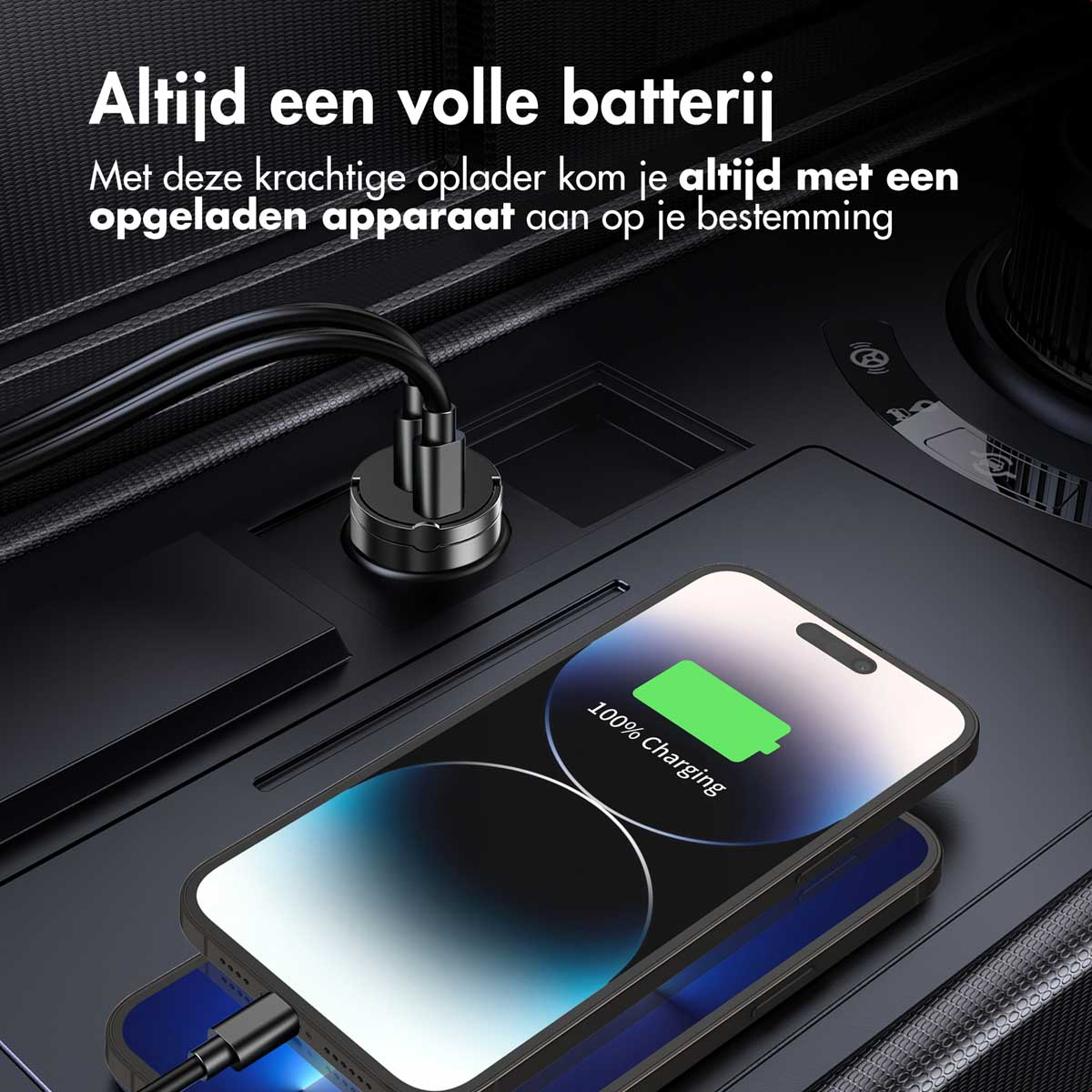 Phone charging on a charger. Text about charging. Black and gray background.