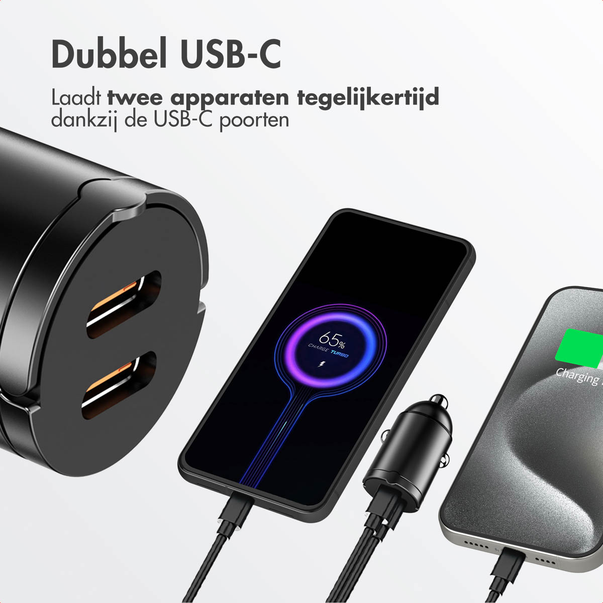 Black USB charger with two ports, charging two phones.