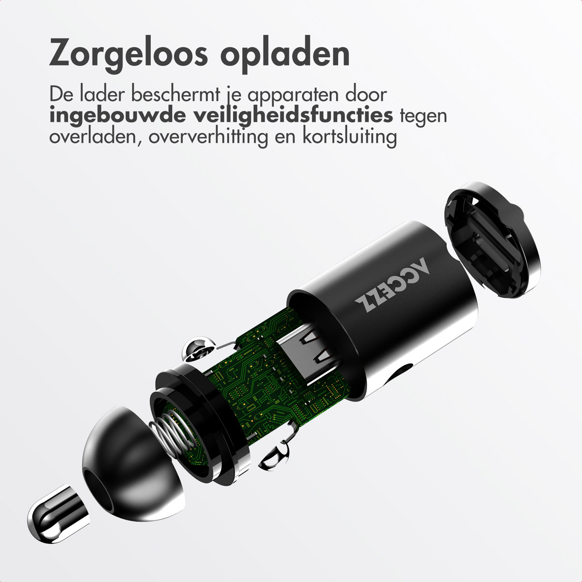 Black charger with green circuit board. Text says: "Carefree charging" and safety functions against overload.