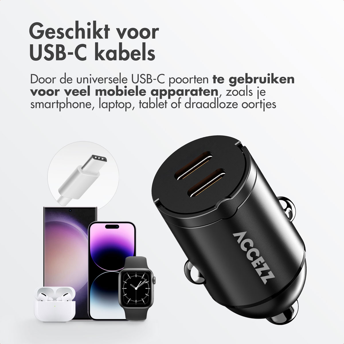 Black car charger with two USB-C ports, with various devices shown: phone, watch, earphones, and tablet.