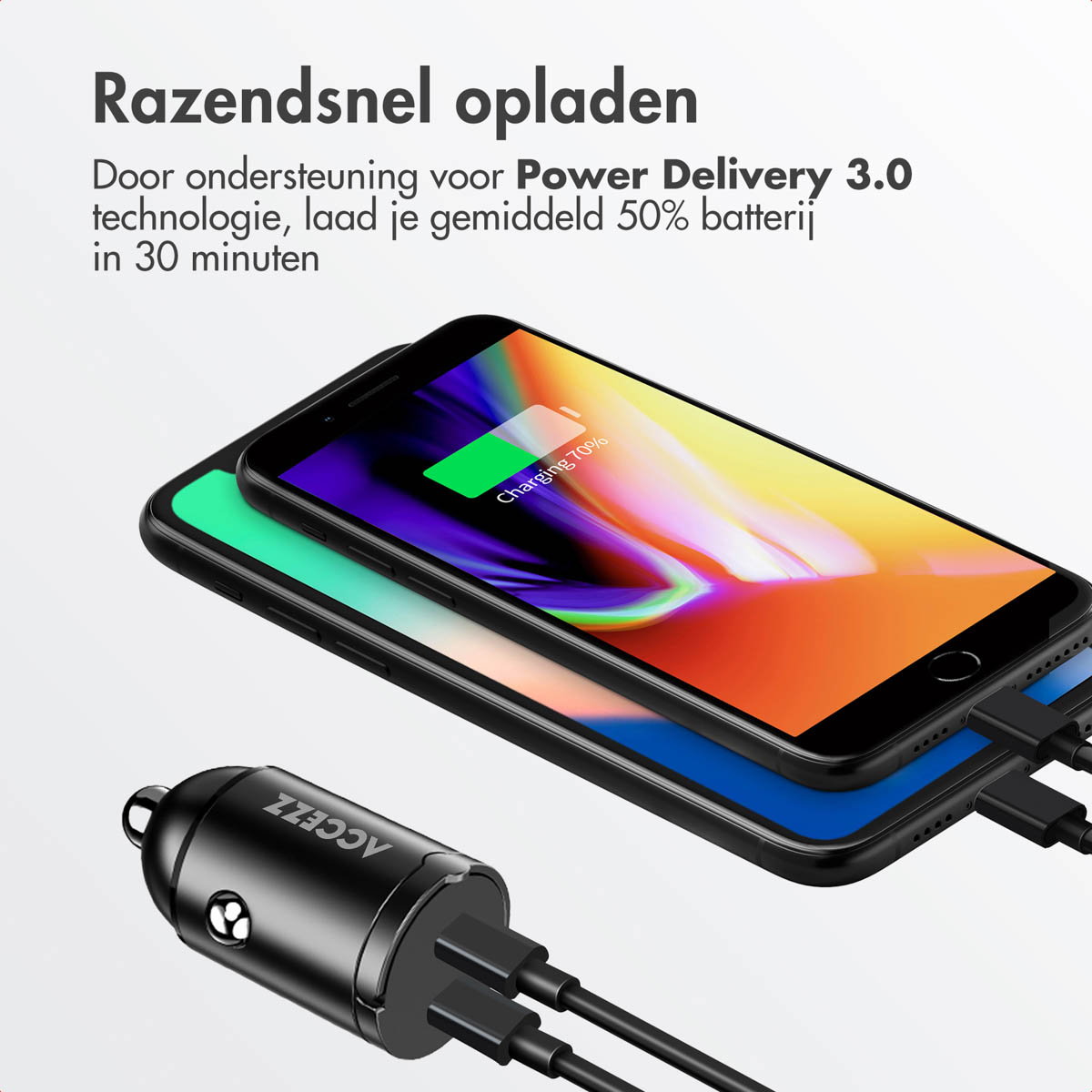Two smartphones charging. One on top displays 70%. Black charger with 2 ports.