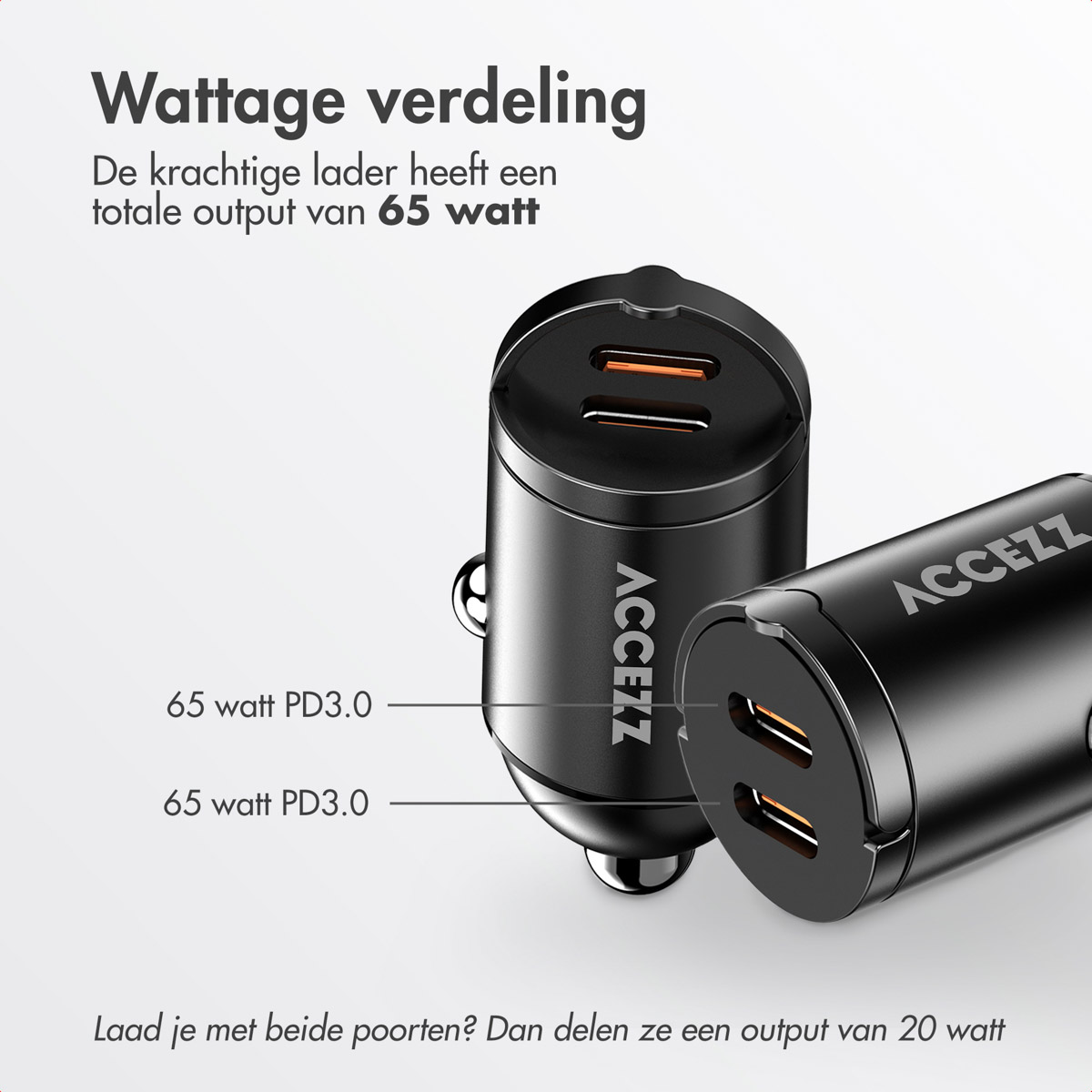Two black chargers with orange ports, one with text about wattage and ports, against a white backdrop.
