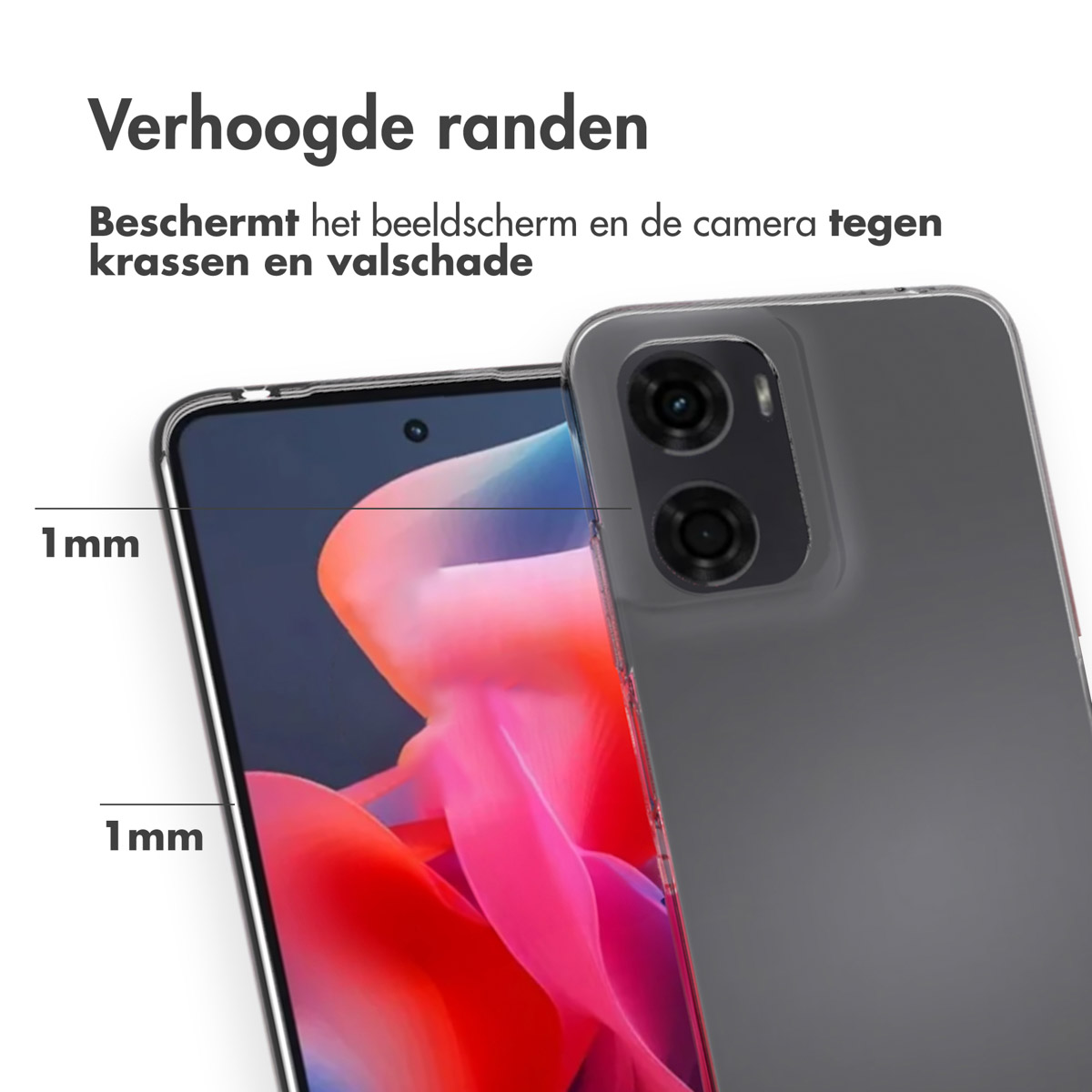 Coque de téléphone avec un design transparent. Un téléphone est placé à droite, montrant l'écran. Fond blanc.
