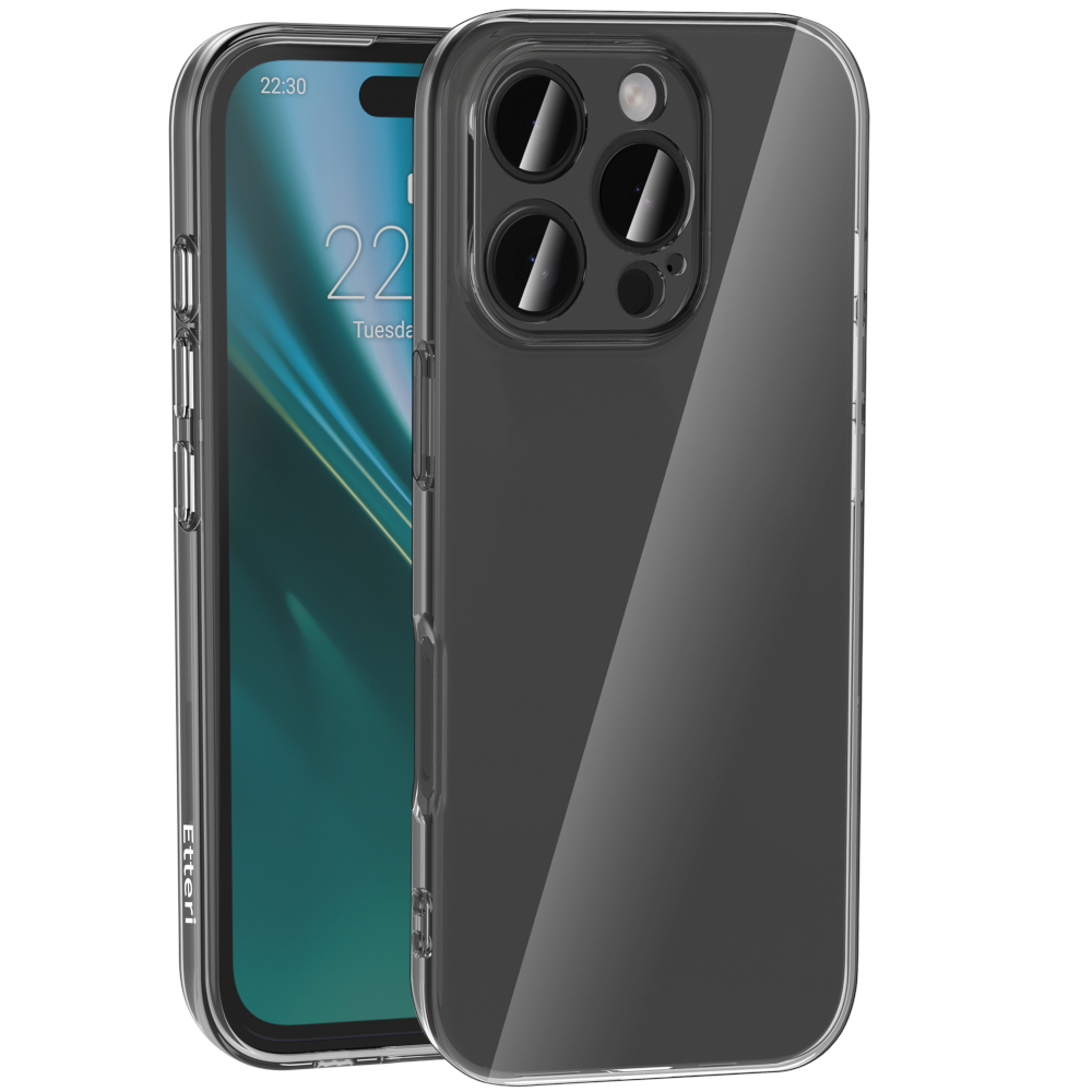 Custodia trasparente per telefono con ritagli per fotocamera, telefono parzialmente visibile.