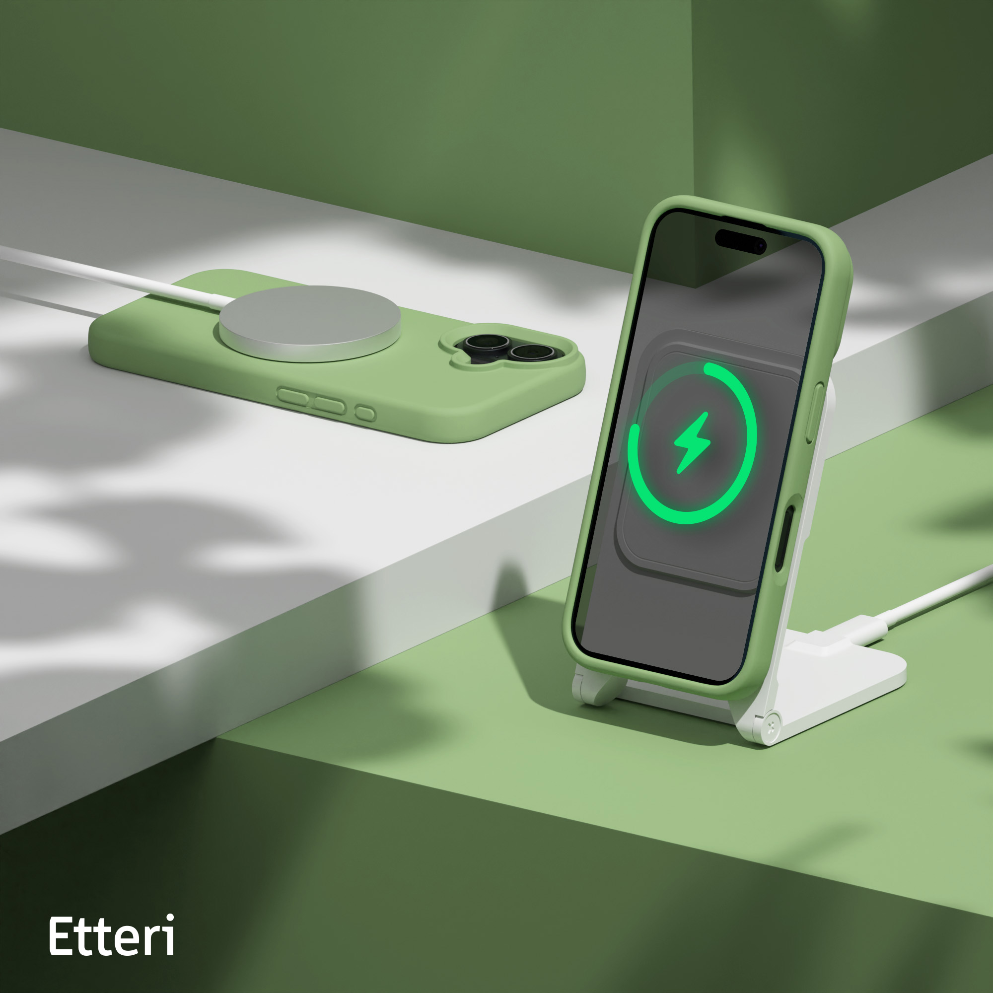Custodia verde su caricatore wireless e telefono in carica. Sfondo verde con dettagli bianchi.