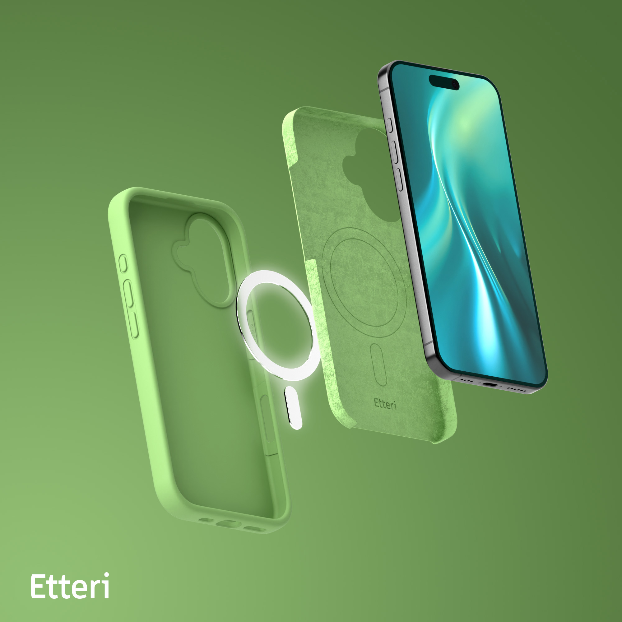 Componenti della custodia del telefono. Una custodia verde, un anello magnetico e un telefono. Sfondo verde.