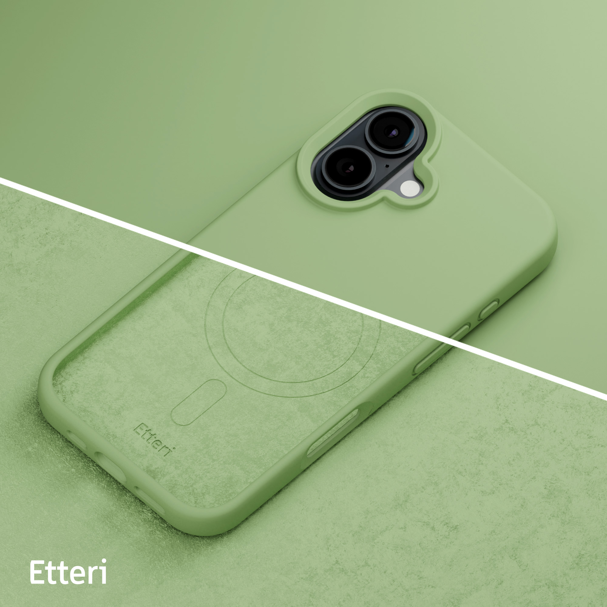 Una custodia per telefono verde su sfondo verde, che mostra l'area della fotocamera e il design.
