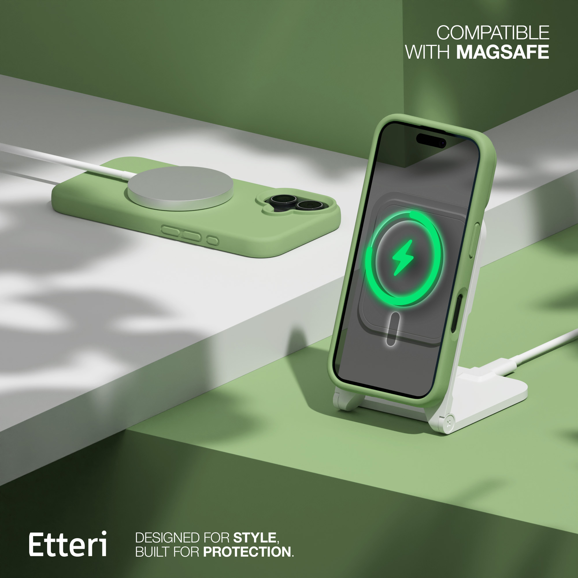 Telefono su un pad di ricarica e su un supporto, entrambi verdi, con un'icona a fulmine verde.