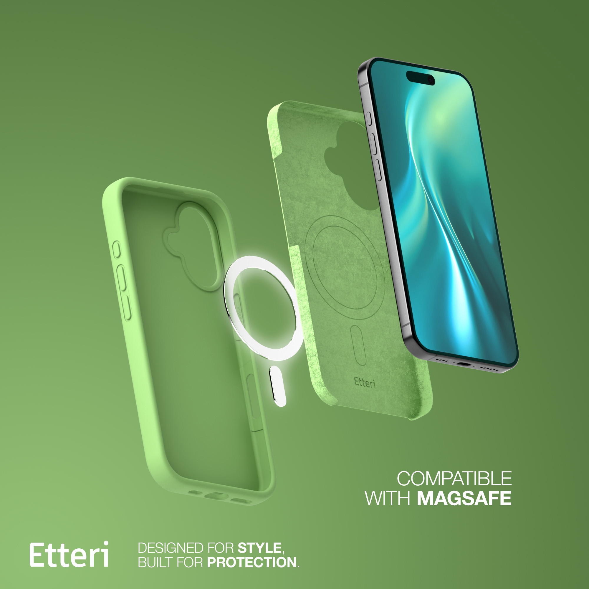 Custodia e telefono, con anello MagSafe, su uno sfondo a gradiente verde.