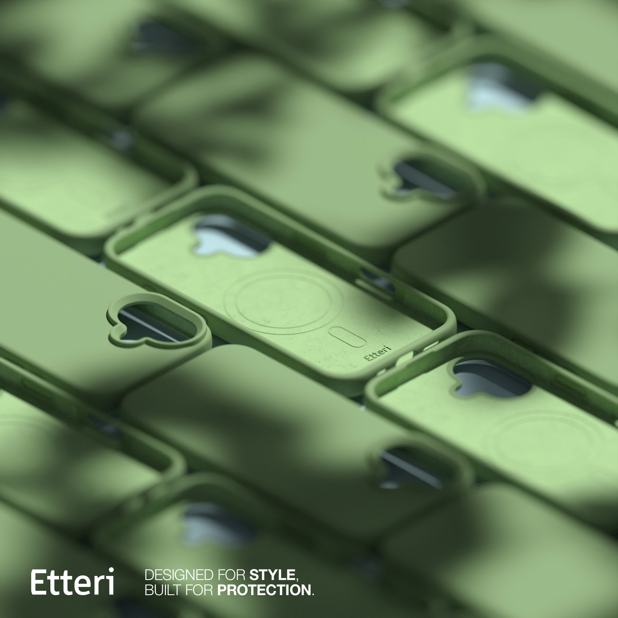 Custodie verdi per telefoni, alcune con un cerchio magnetico, disposte in un motivo.