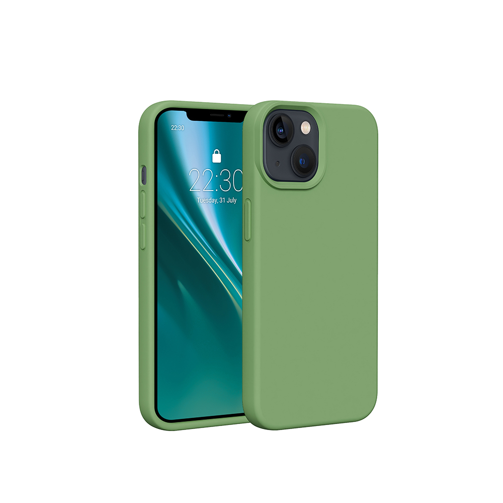 Custodia verde per telefono con uno smartphone all'interno, che mostra una schermata di blocco con l'ora.