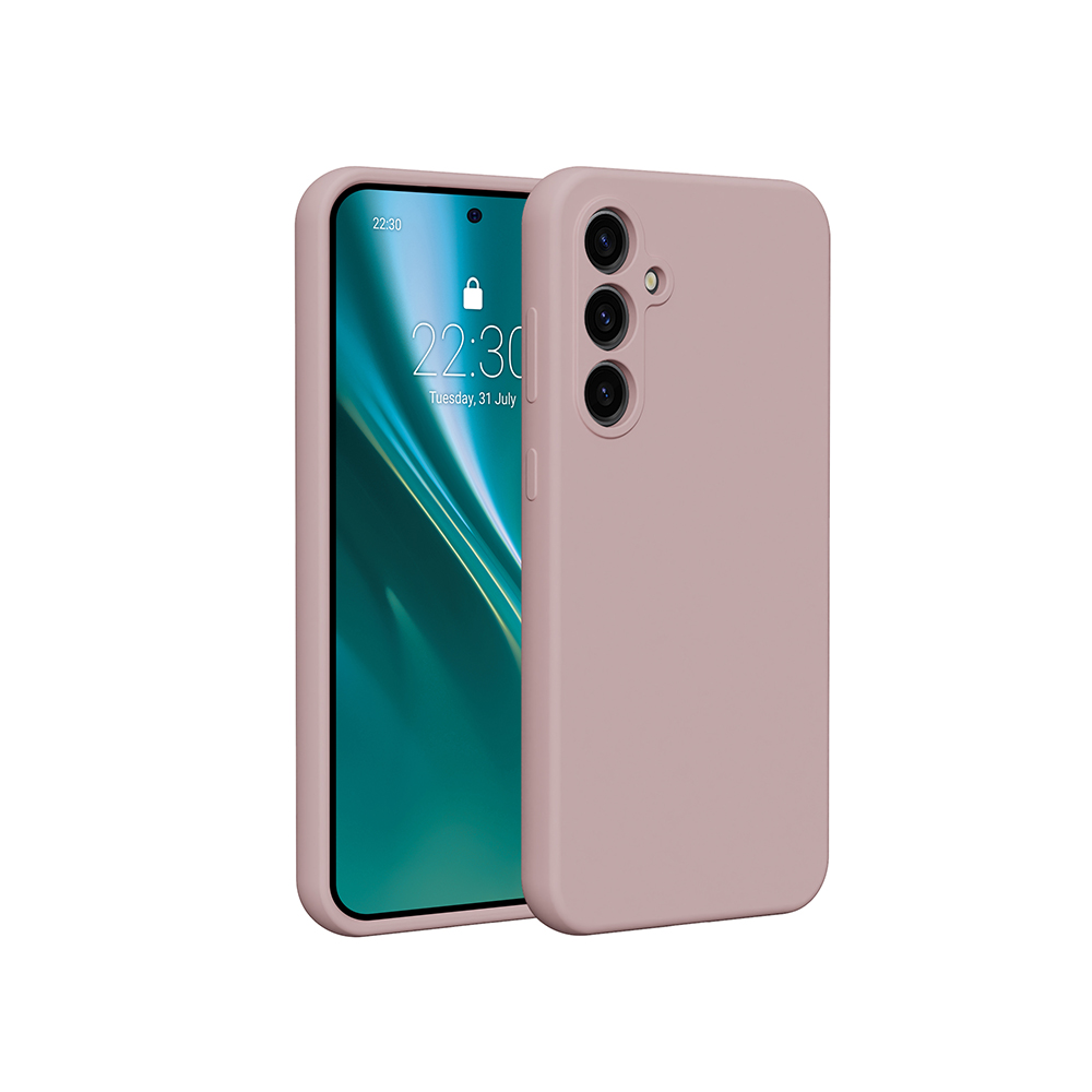 Un telefono rosa con una custodia rosa, che mostra lo schermo con data e ora.