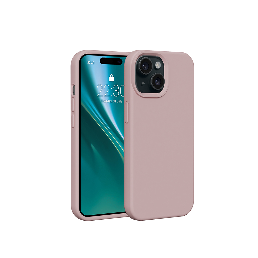 Un telefono in una custodia rosa, che mostra l'ora sullo schermo, su uno sfondo bianco.
