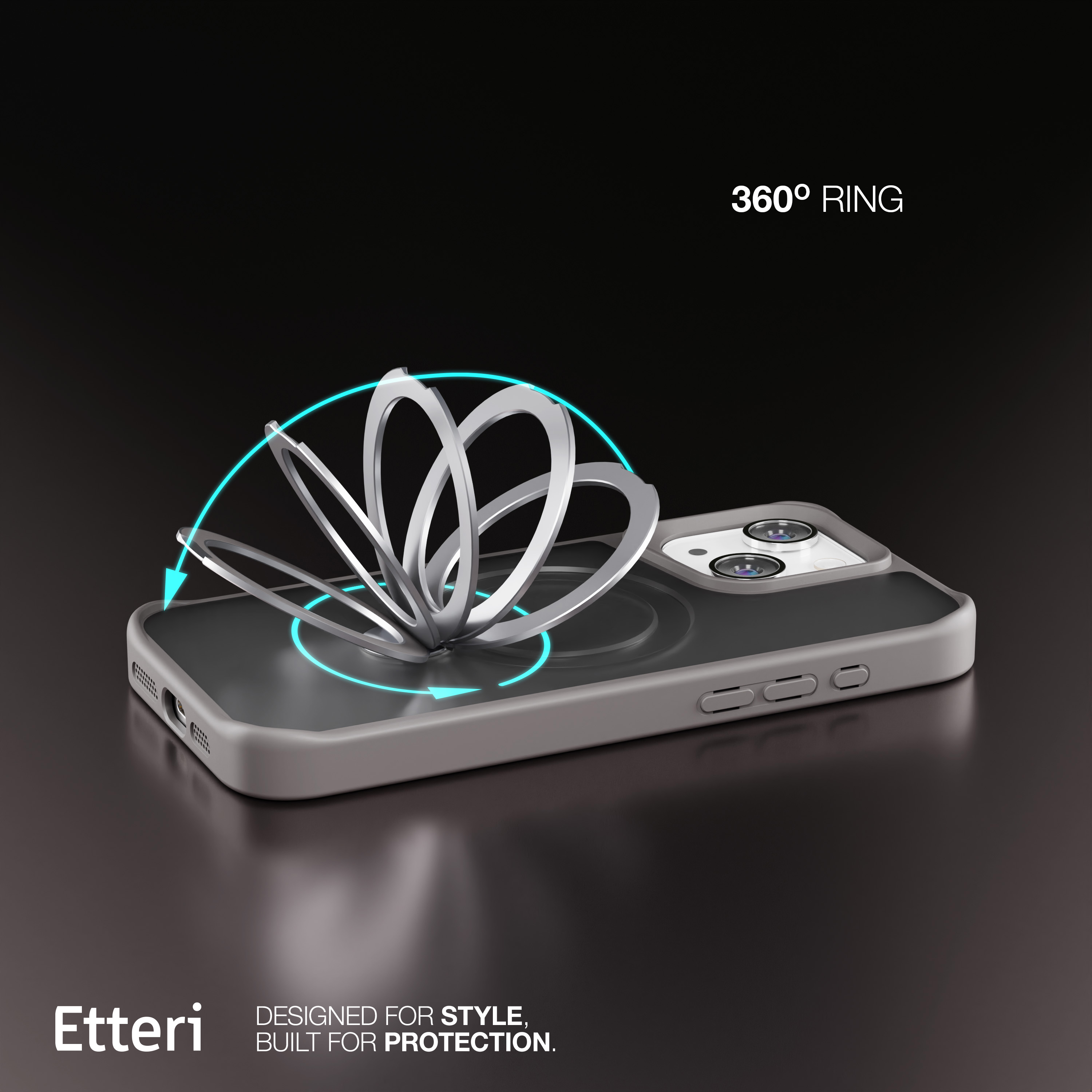 Una custodia per telefono con un supporto ad anello aperto, che mostra un telefono. Il marchio è Ettori.