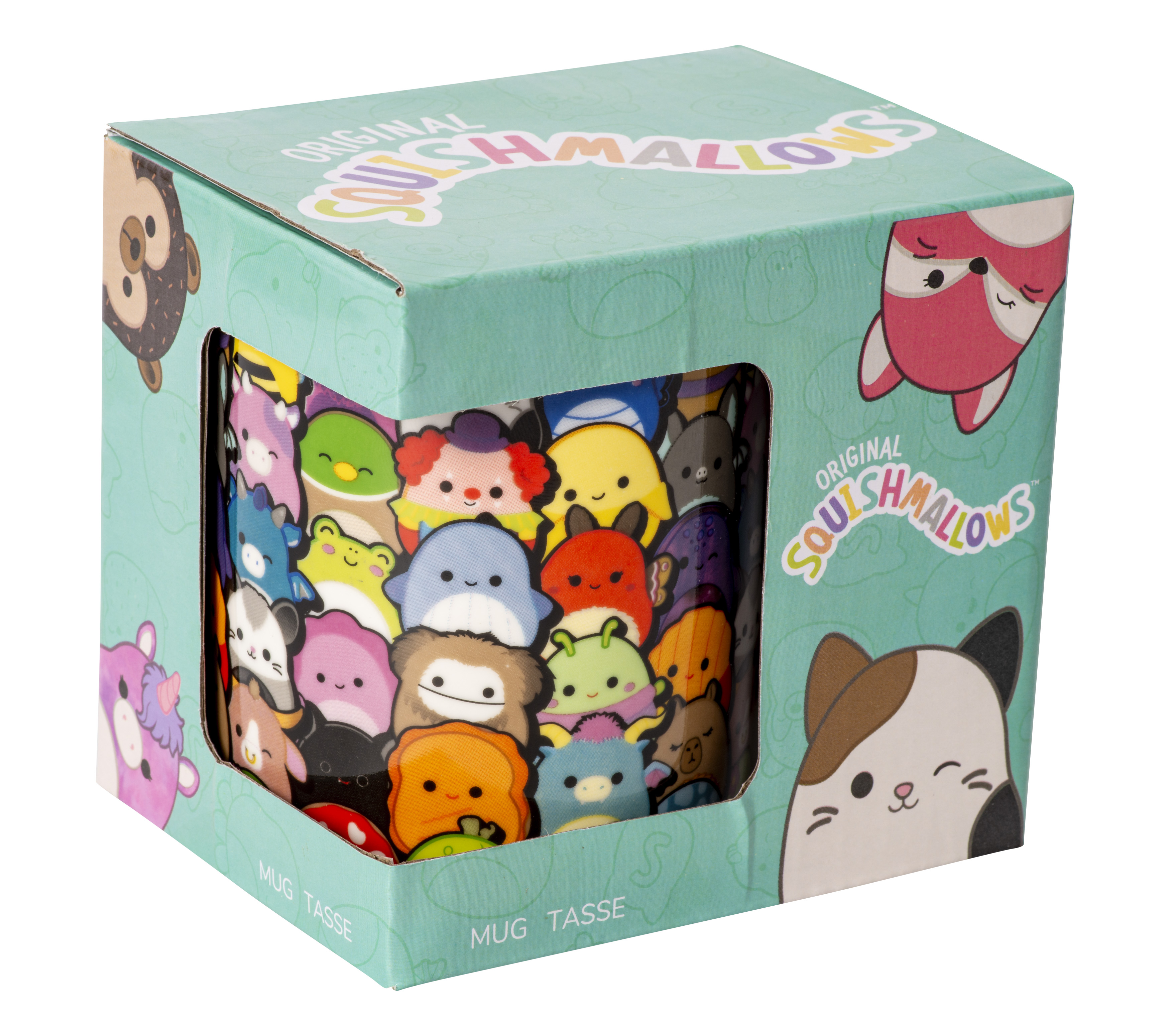 Squishmallows-Tasse und -Box. Die Box hat viele Zeichentrickfiguren außen. Tasse hat auch Figuren.