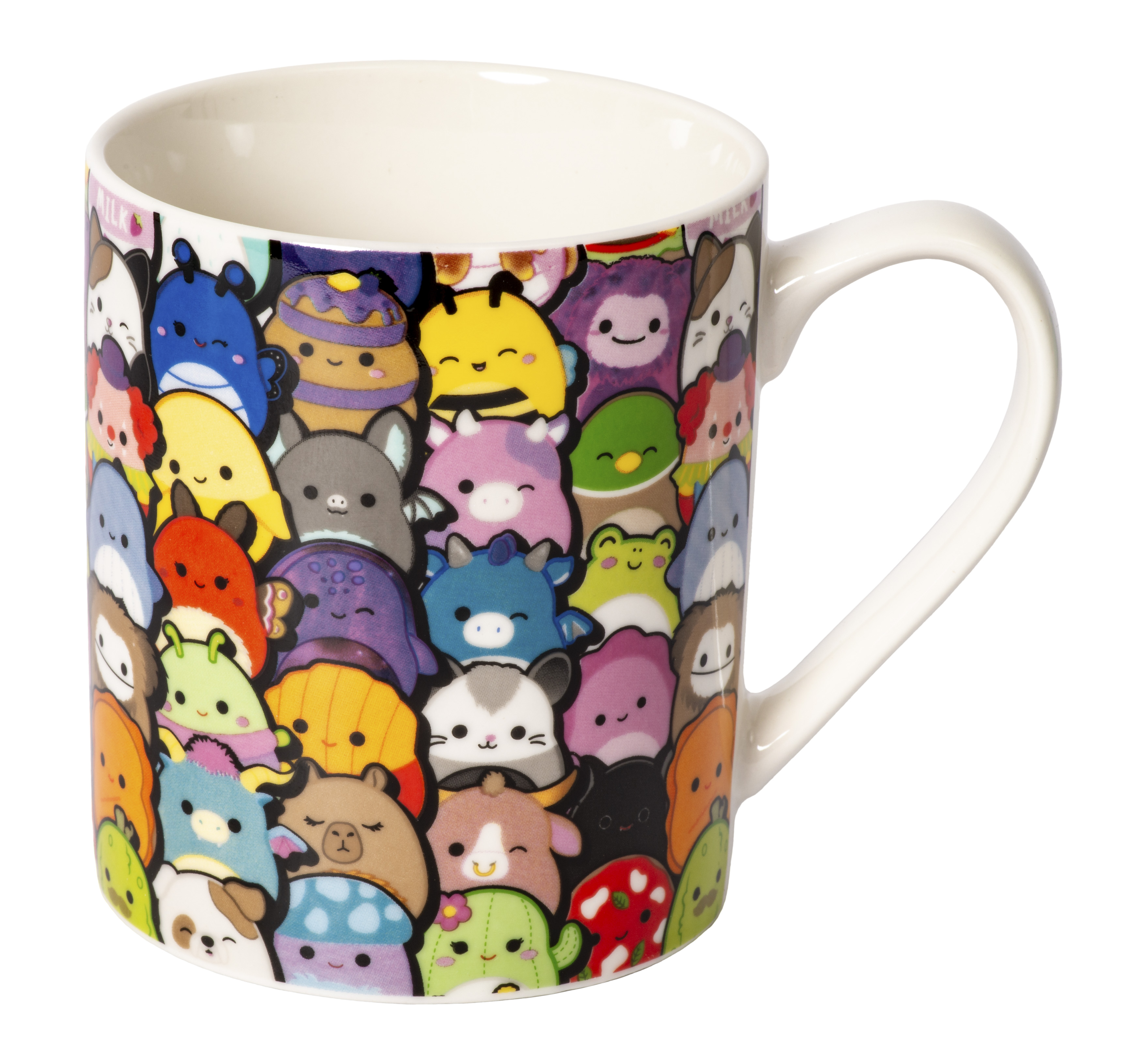 Weiße Tasse mit Comicfiguren. Henkel weiß. Bunte Figuren verzieren die Tasse.