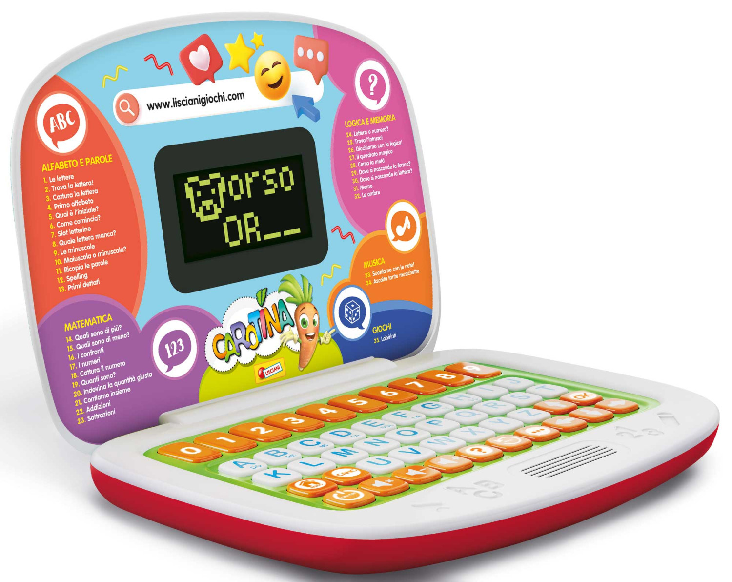 Ein farbenfrohes, pädagogisches Laptop-Spielzeug für Kinder, mit Knöpfen und einem kleinen Bildschirm.