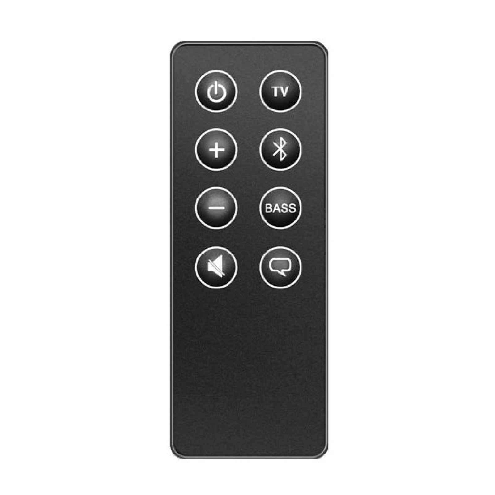 Eine schwarze Fernbedienung mit Tasten für Ein/Aus, Lautstärke und andere Funktionen wie TV und Bass.