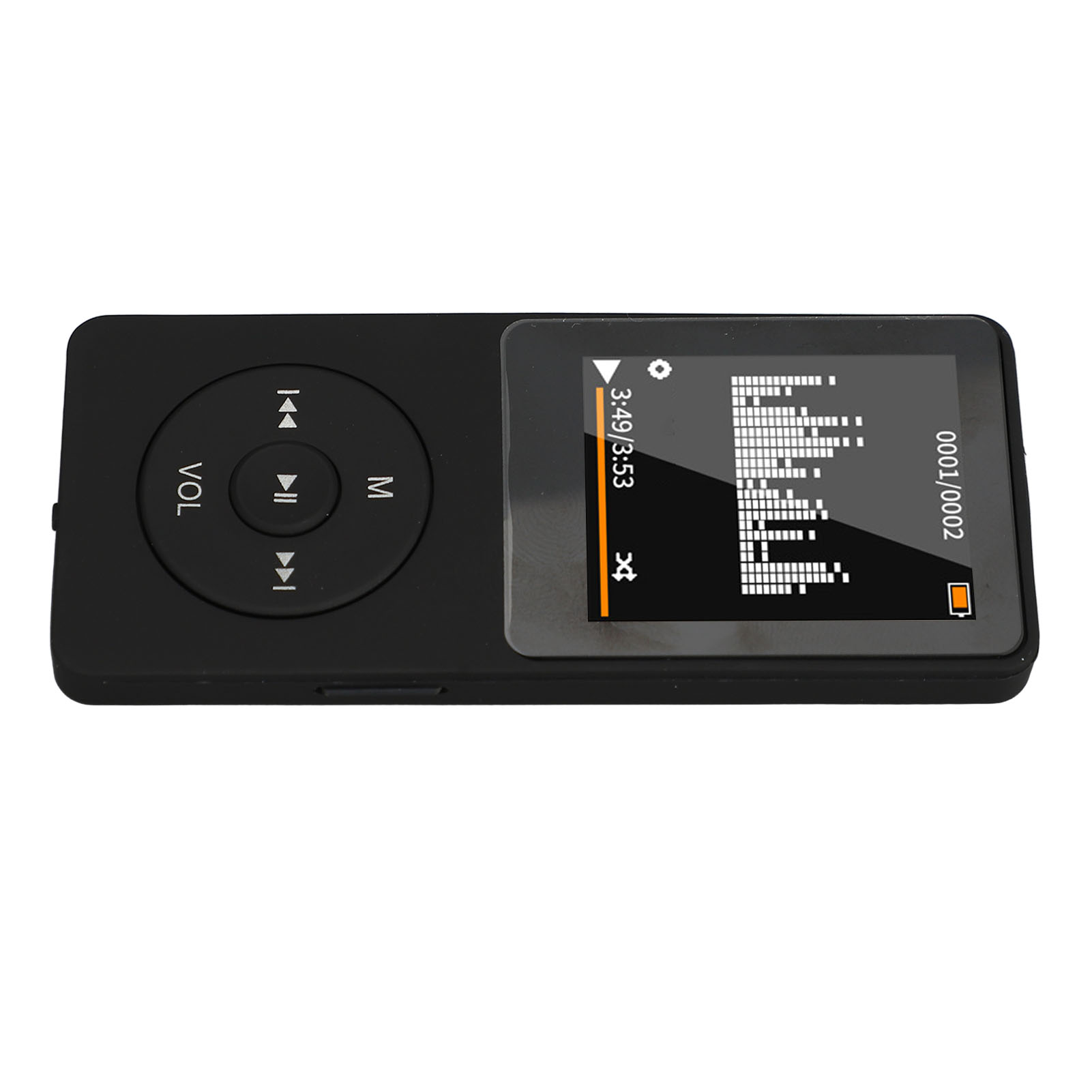 Schwarzer MP3-Player mit Knöpfen und einem Bildschirm mit Musik-Wellenform.
