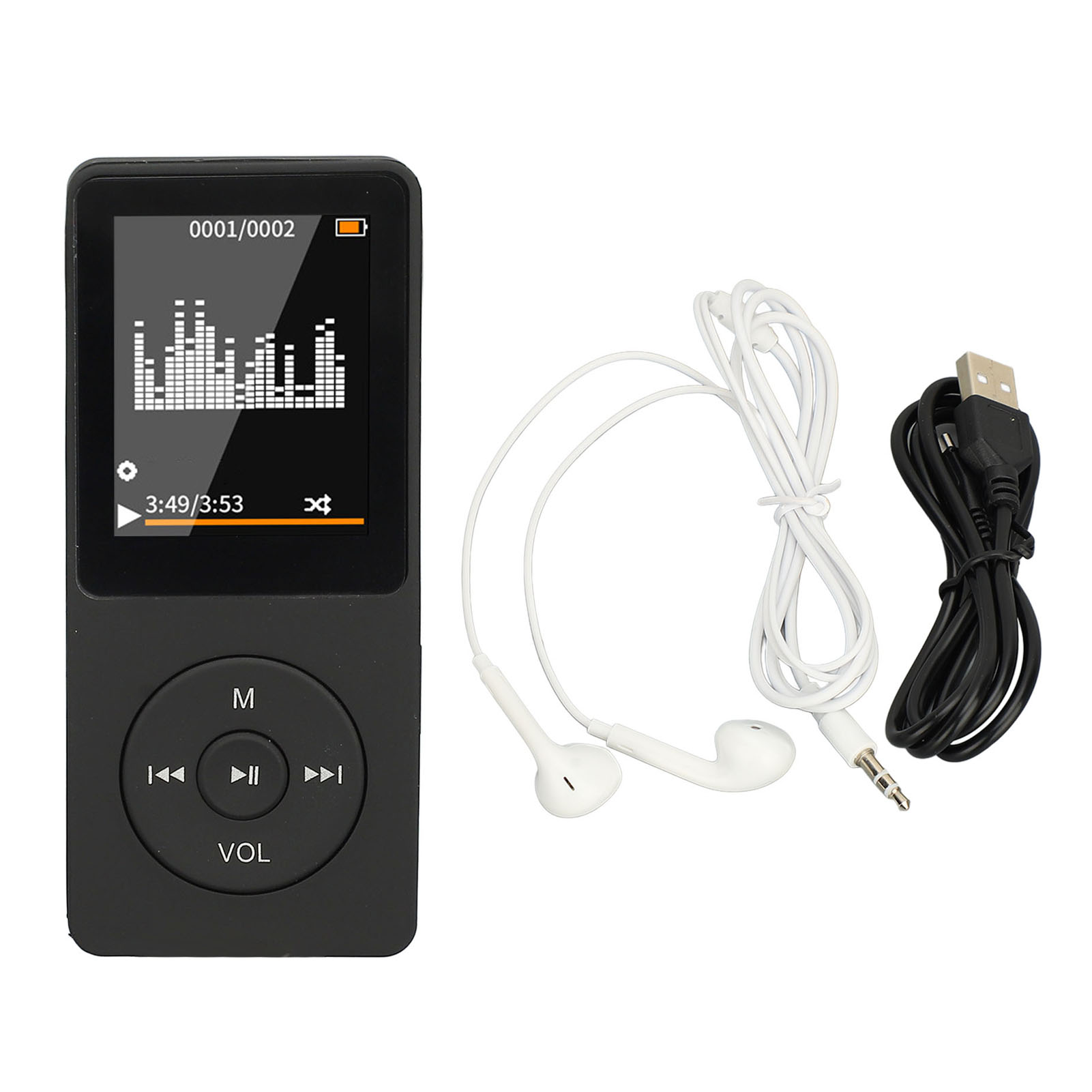 Ein schwarzer MP3-Player mit Kopfhörern und einem weißen Kabel auf weißem Hintergrund.