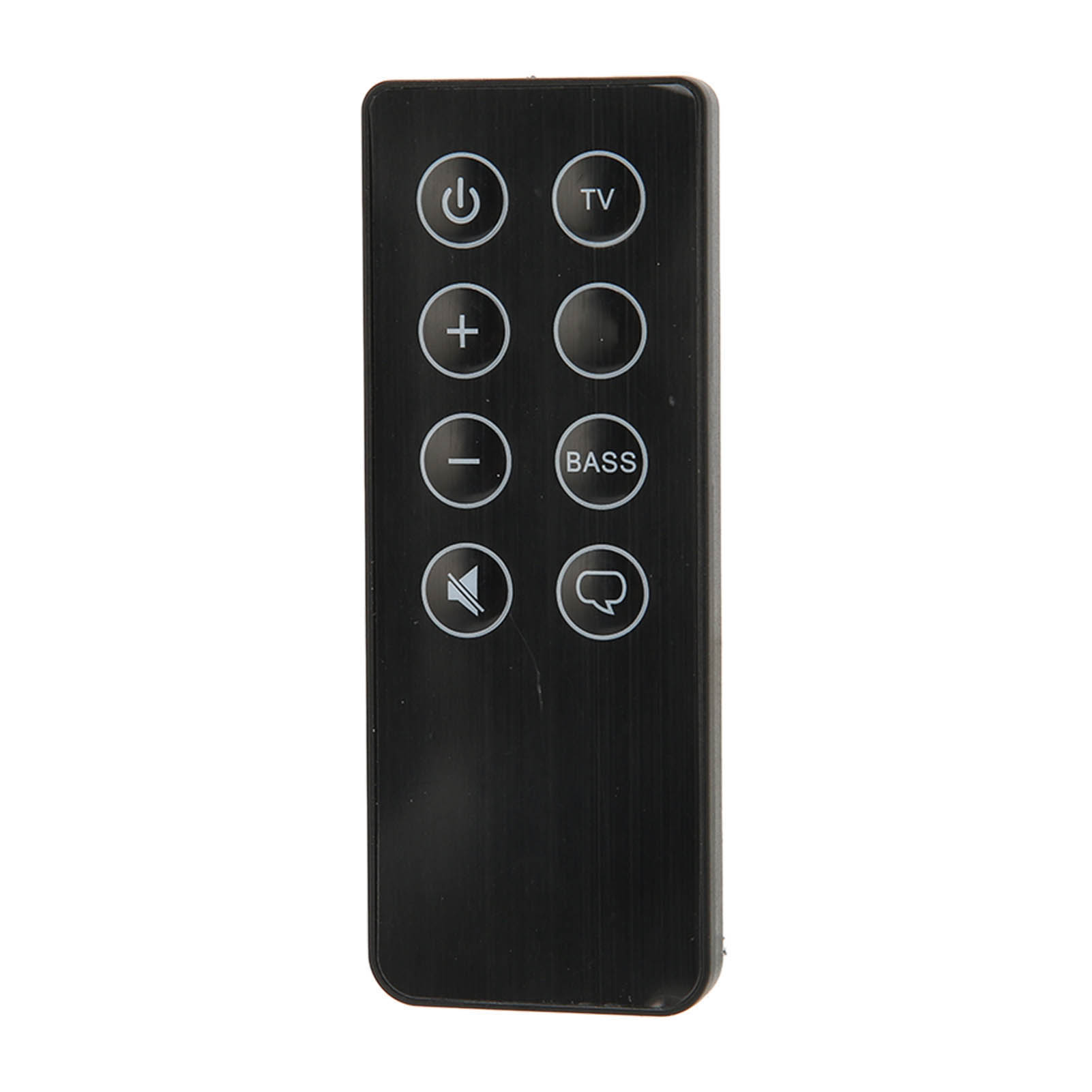 Eine schwarze Fernbedienung mit Tasten für Strom, Lautstärke, TV, Bass und einem Sprechblasen-Symbol.