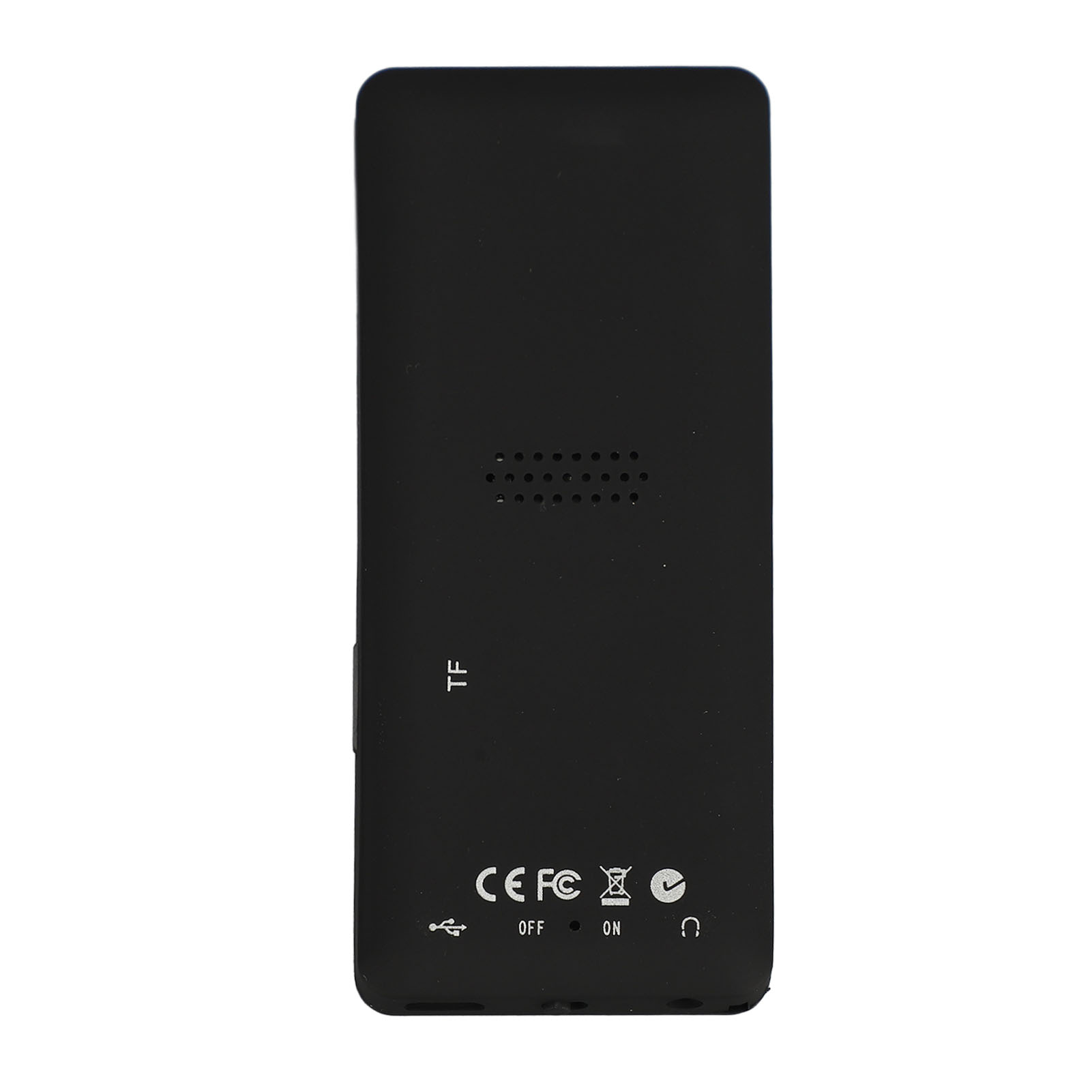 Ein schwarzes elektronisches Gerät. Es hat einen TF-Kartensteckplatz, CE/FCC-Kennzeichnungen und USB-, Aus-, Ein- und Kopfhörersymbole.