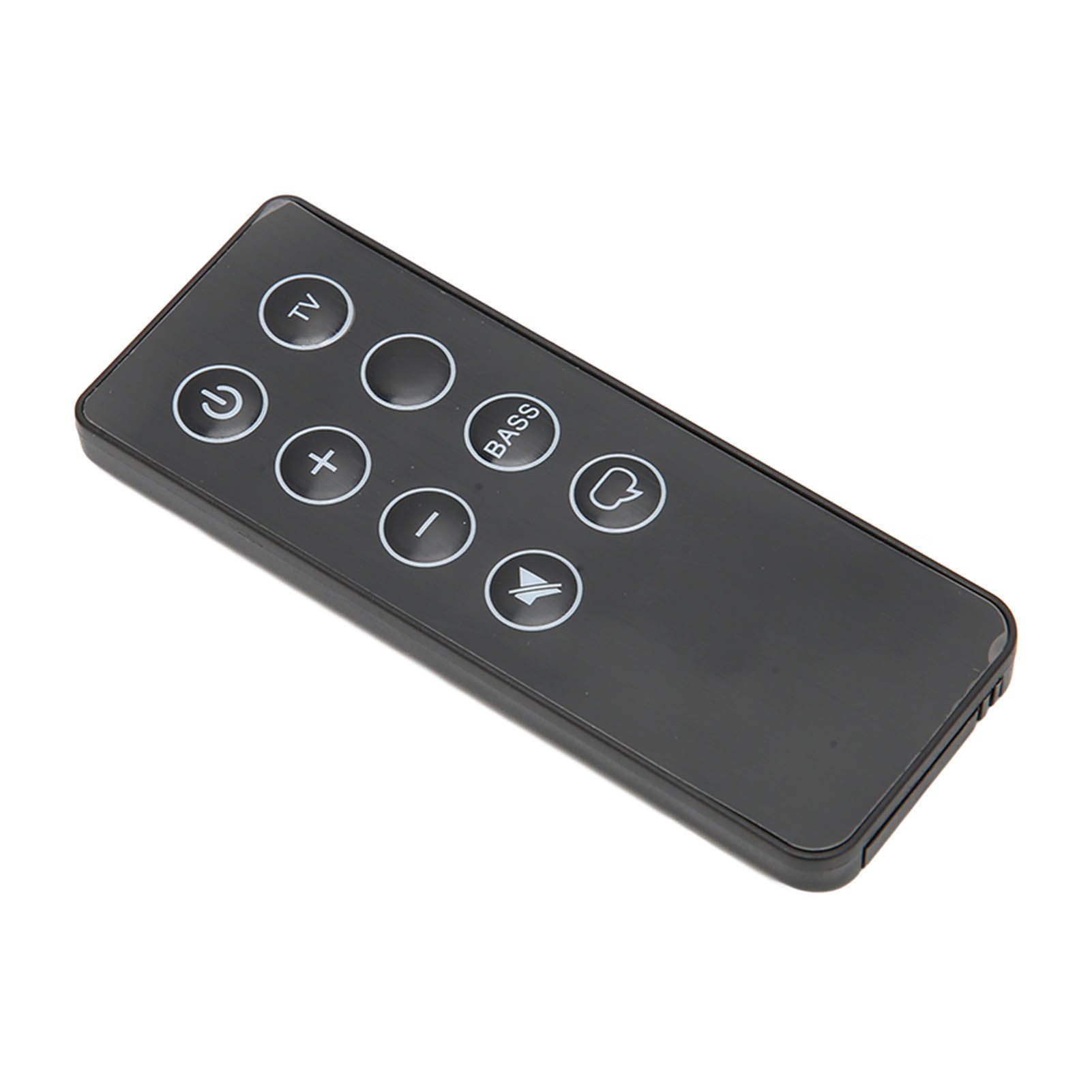 Schwarze TV-Fernbedienung mit verschiedenen weißen Knöpfen. Sie ist auf weißem Hintergrund isoliert.