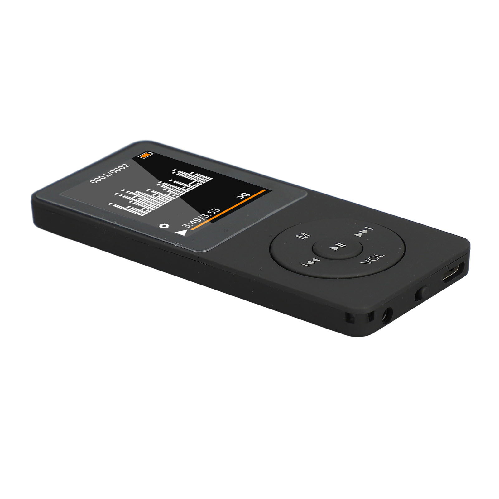 Schwarzer MP3-Player mit einem Bildschirm, der Musikinformationen und Steuertasten anzeigt.