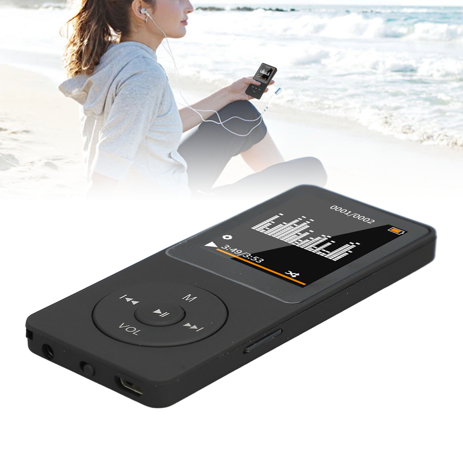 Schwarzer MP3-Player. Bildschirm zeigt Musikinformationen. Frau mit Kopfhörern im Hintergrund.
