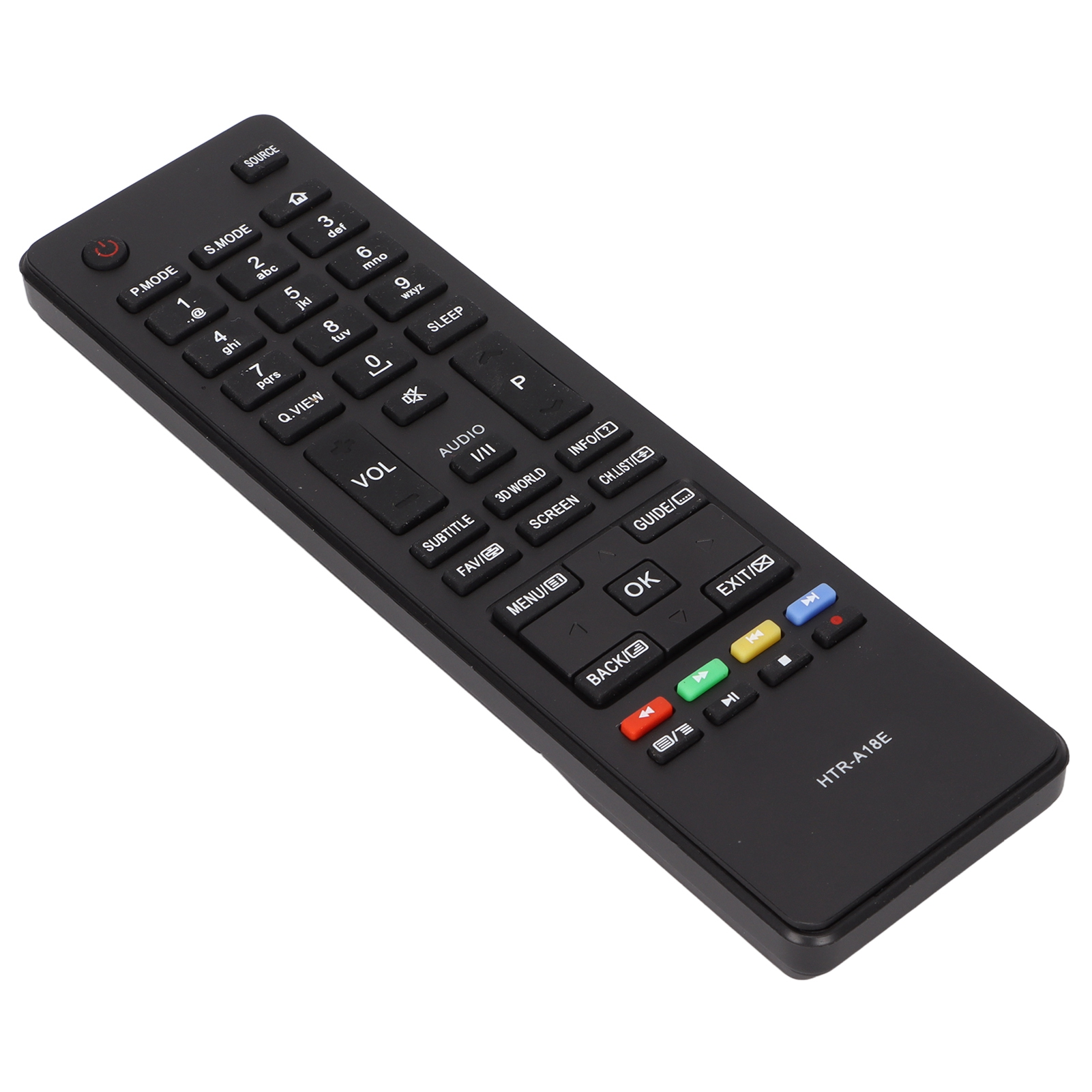 Schwarze TV-Fernbedienung mit vielen Knöpfen. Knöpfe haben verschiedene Farben und Beschriftungen.