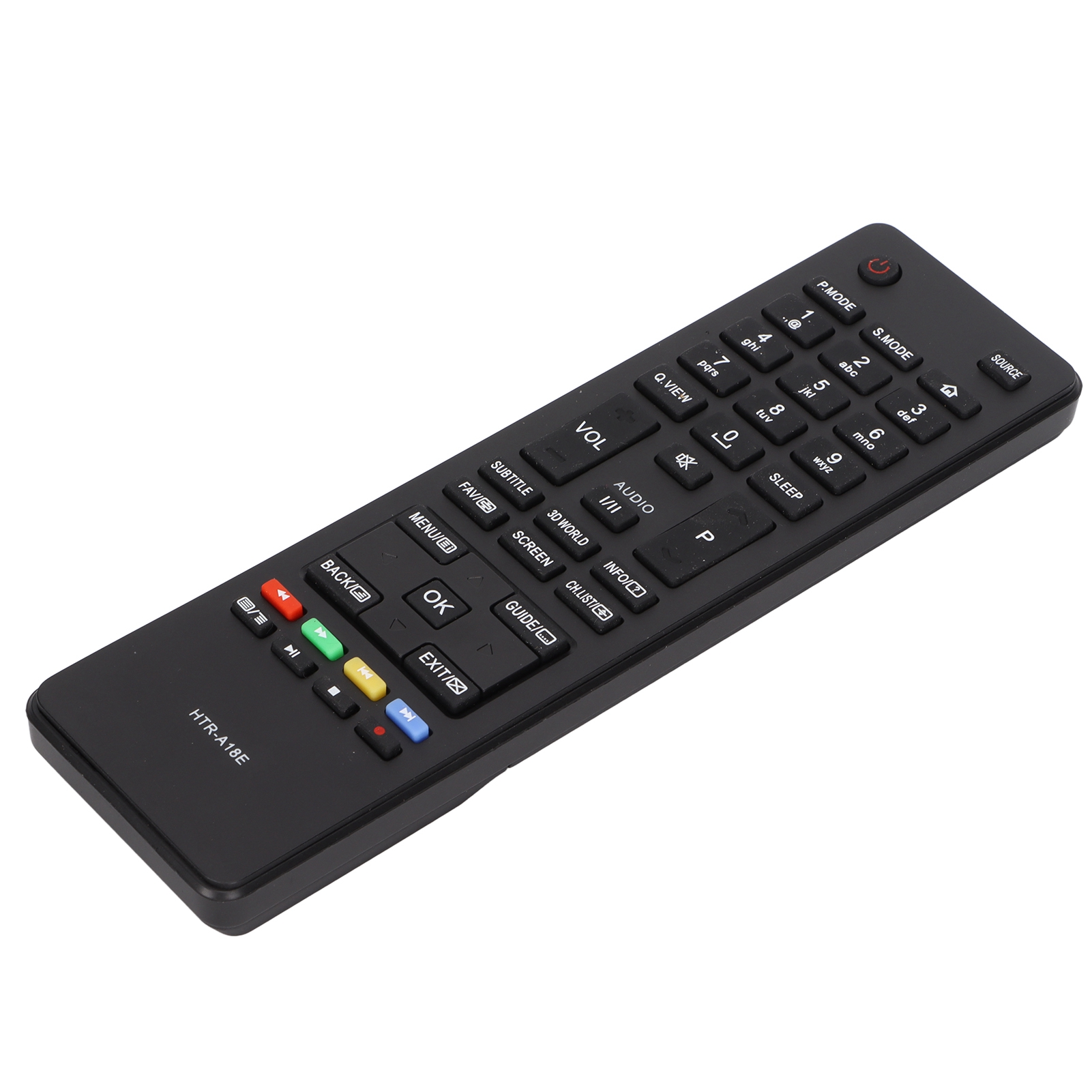 Eine schwarze TV-Fernbedienung mit vielen Tasten, die mit Zahlen und Funktionen beschriftet sind.