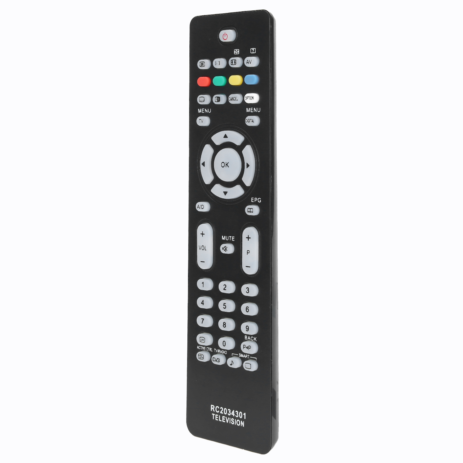 Schwarze TV-Fernbedienung mit vielen Tasten, darunter Zahlen, Lautstärke, Menü und Ein/Aus.