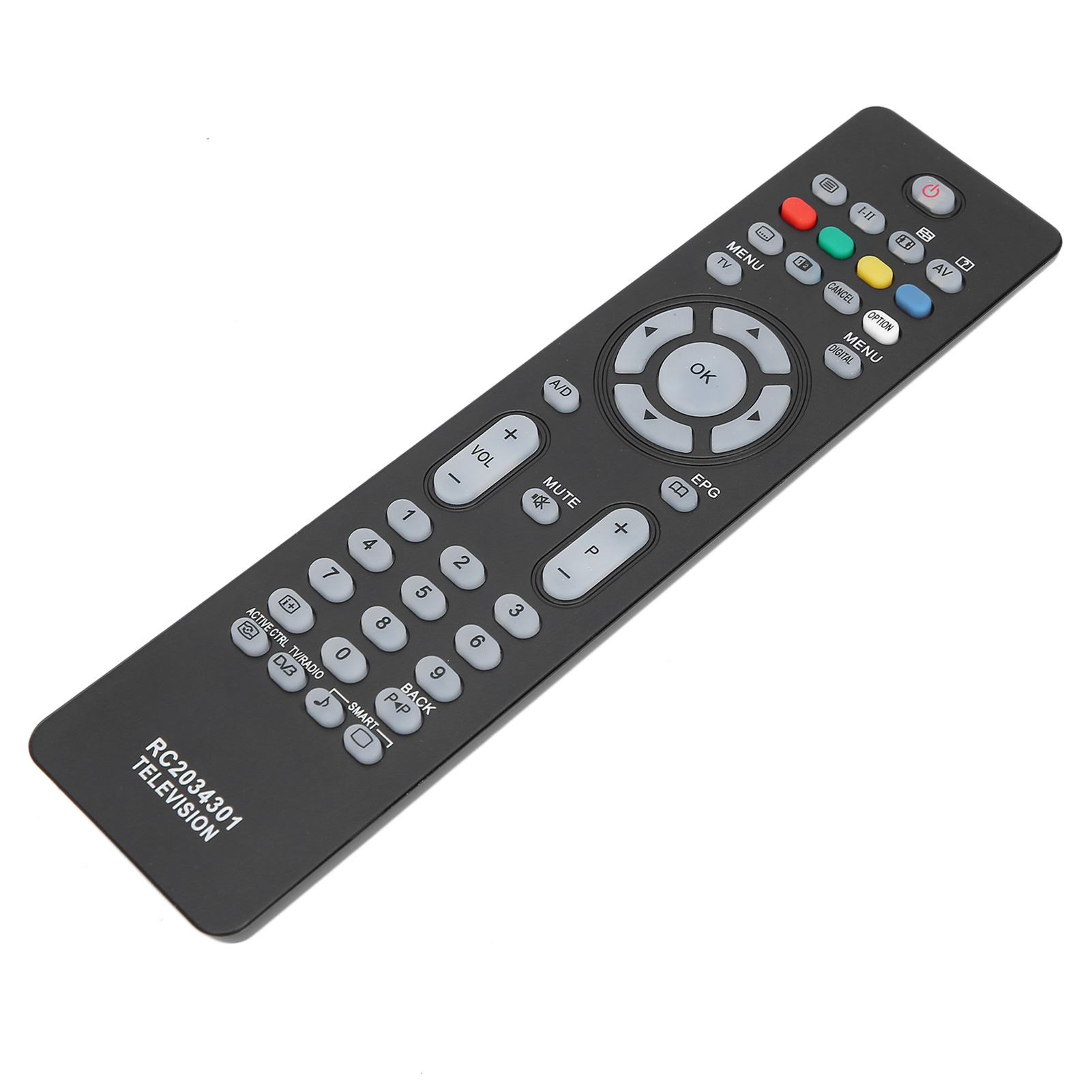 Schwarze TV-Fernbedienung mit verschiedenfarbigen Knöpfen, darunter rot, grün und blau, auf weißem Untergrund.