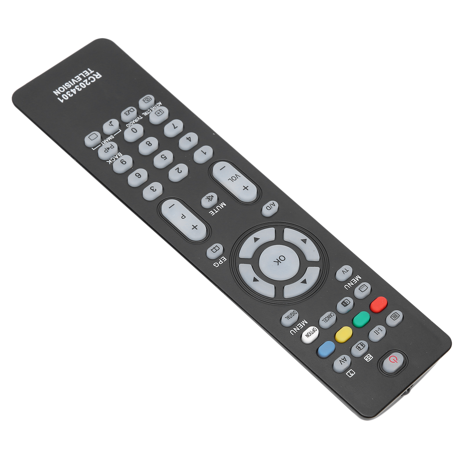 Eine schwarze TV-Fernbedienung mit mehreren Knöpfen, von oben abgewinkelt, auf weißem Hintergrund.