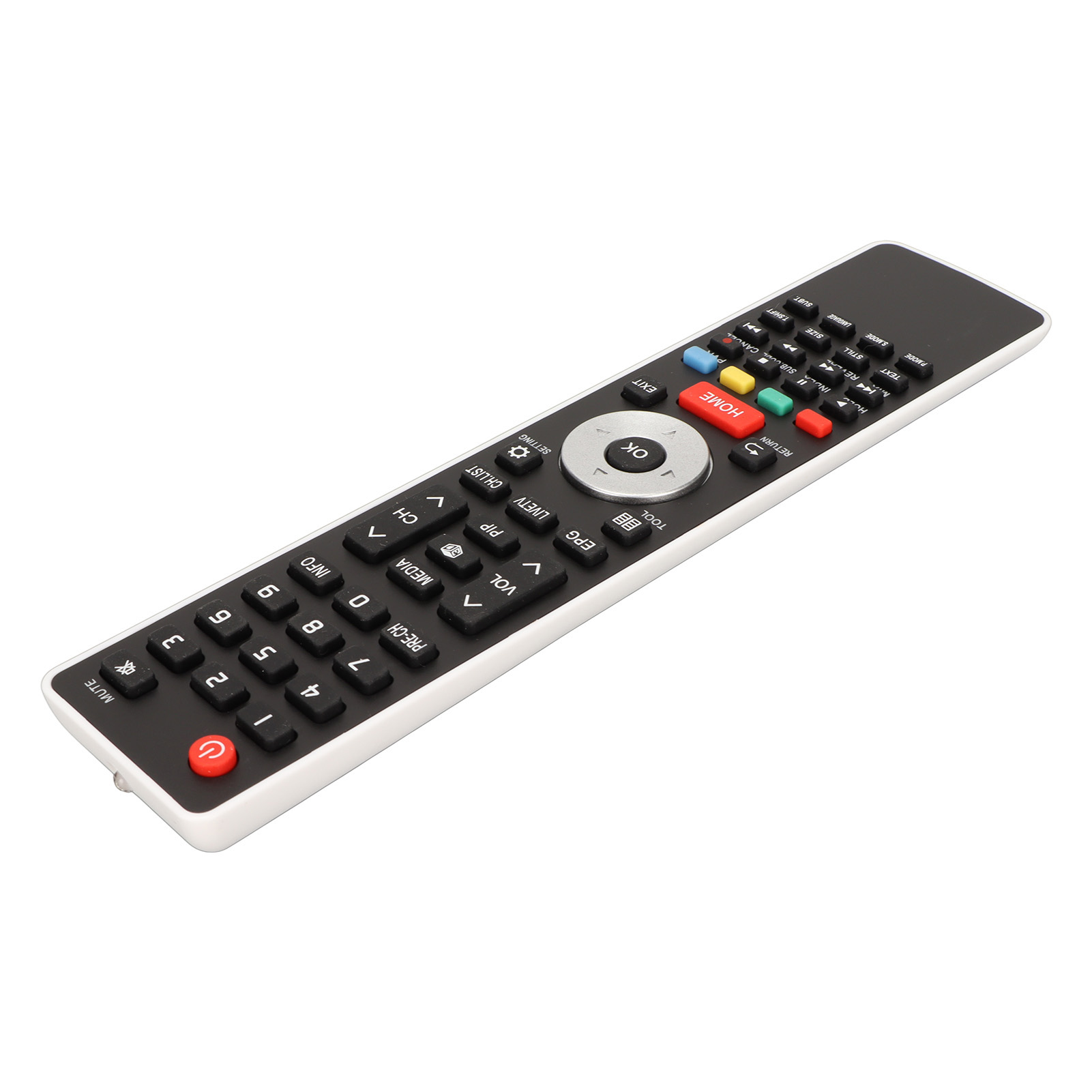 Schwarze TV-Fernbedienung mit farbigen Knöpfen und Zahlen auf weißer Oberfläche.