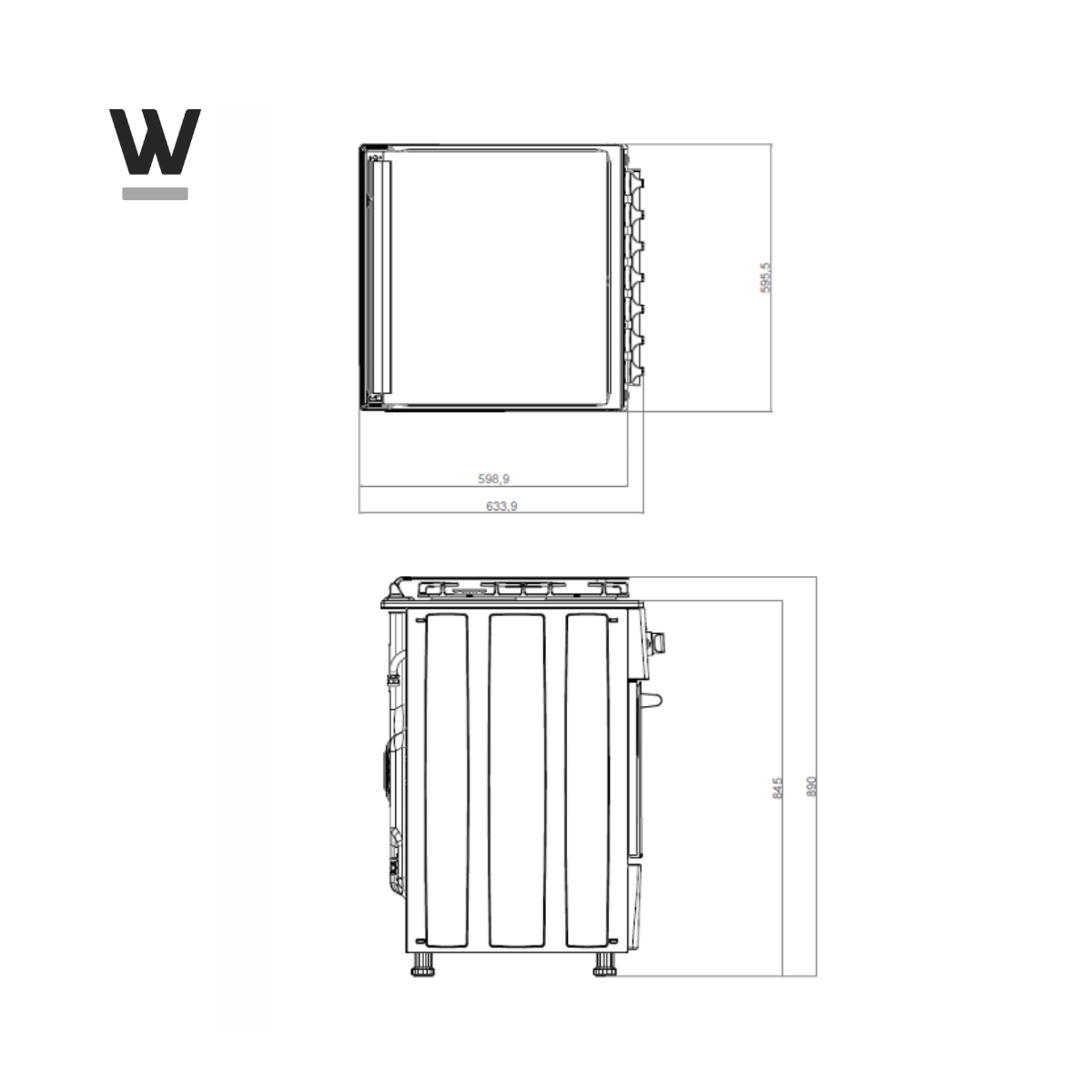 Technical drawing of a white oven, showing dimensions and design details in black lines.