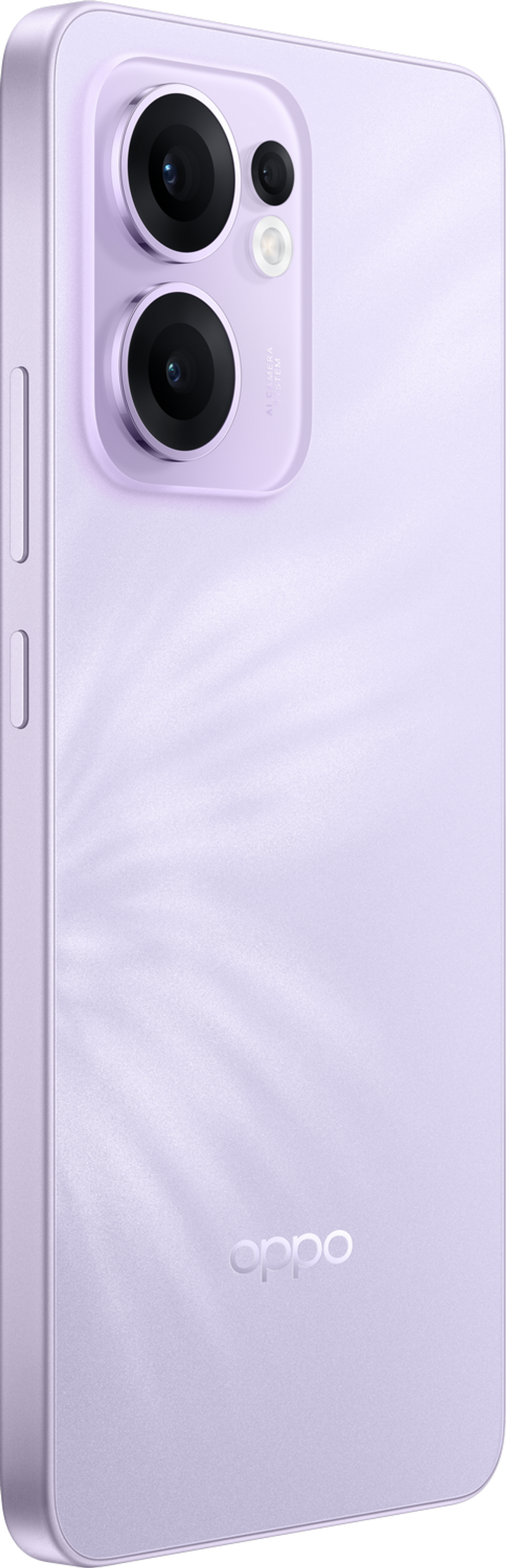 Smartphone violet avec double caméra, vue latérale montrant le bouton d'alimentation.