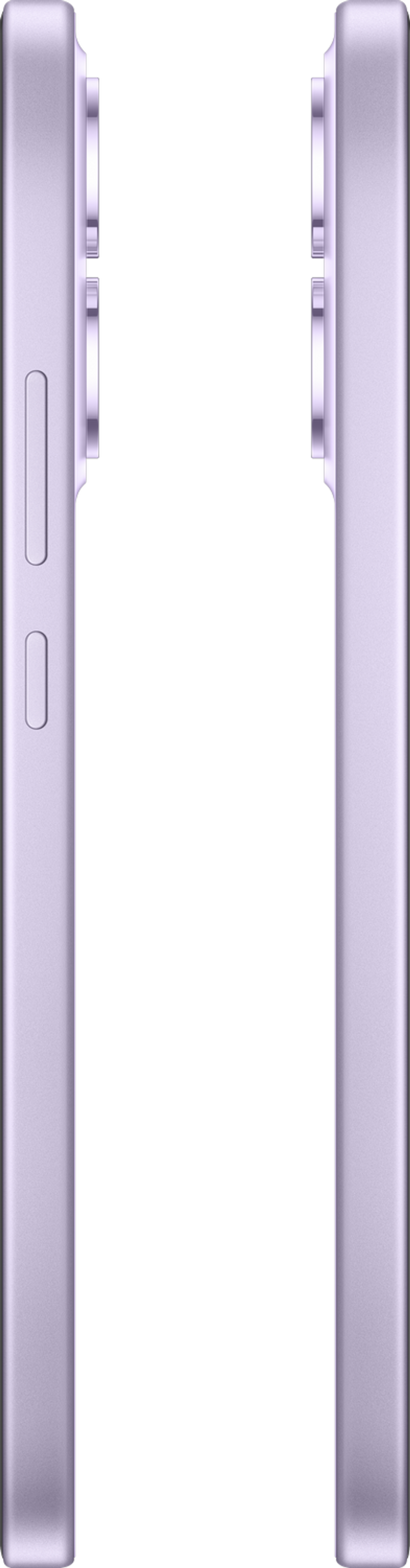 Vue rapprochée du profil latéral d'un téléphone violet, montrant les boutons et un design élégant.