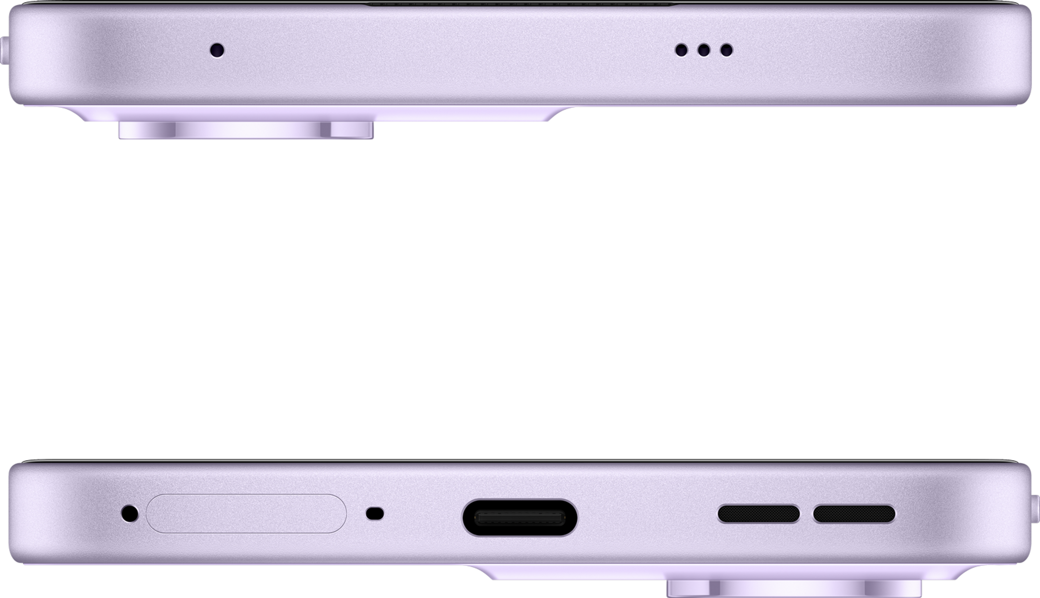 Deux parties d'un smartphone violet clair. Montrant le côté avec boutons, ports et éléments de caméra.