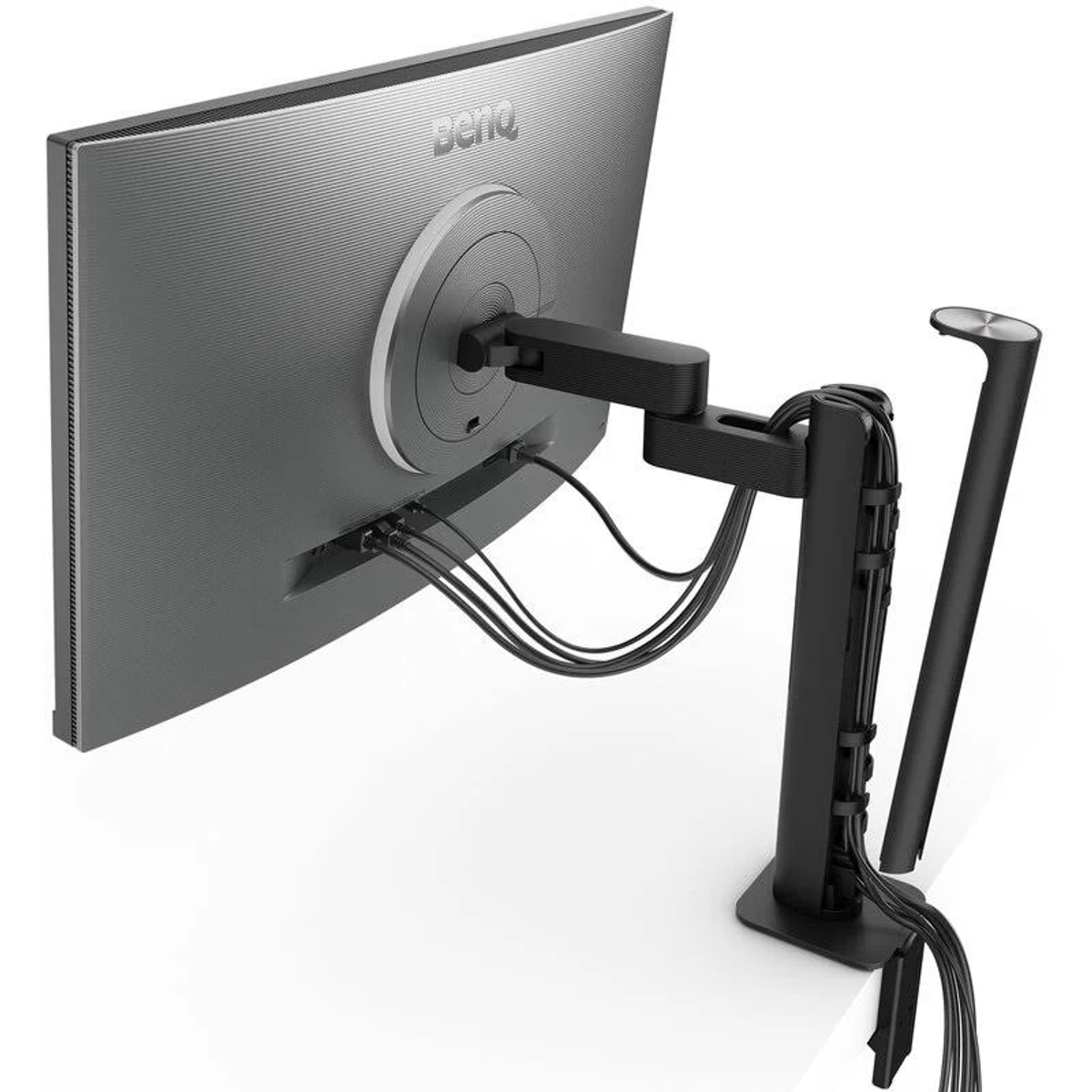 Monitor komputera przymocowany do stojaka, z kablami biegnącymi w dół z tyłu.