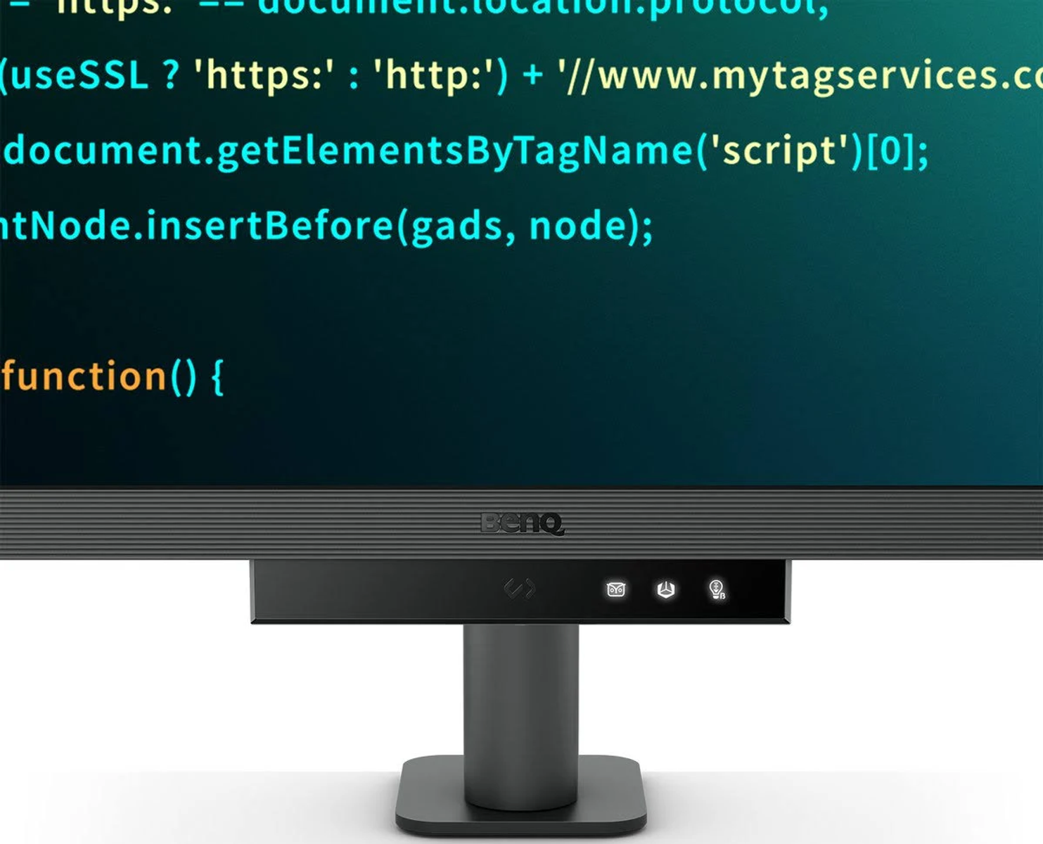 Monitor z kodem na ekranie. Poniżej czarny pasek z przyciskami. Ciemne tło.