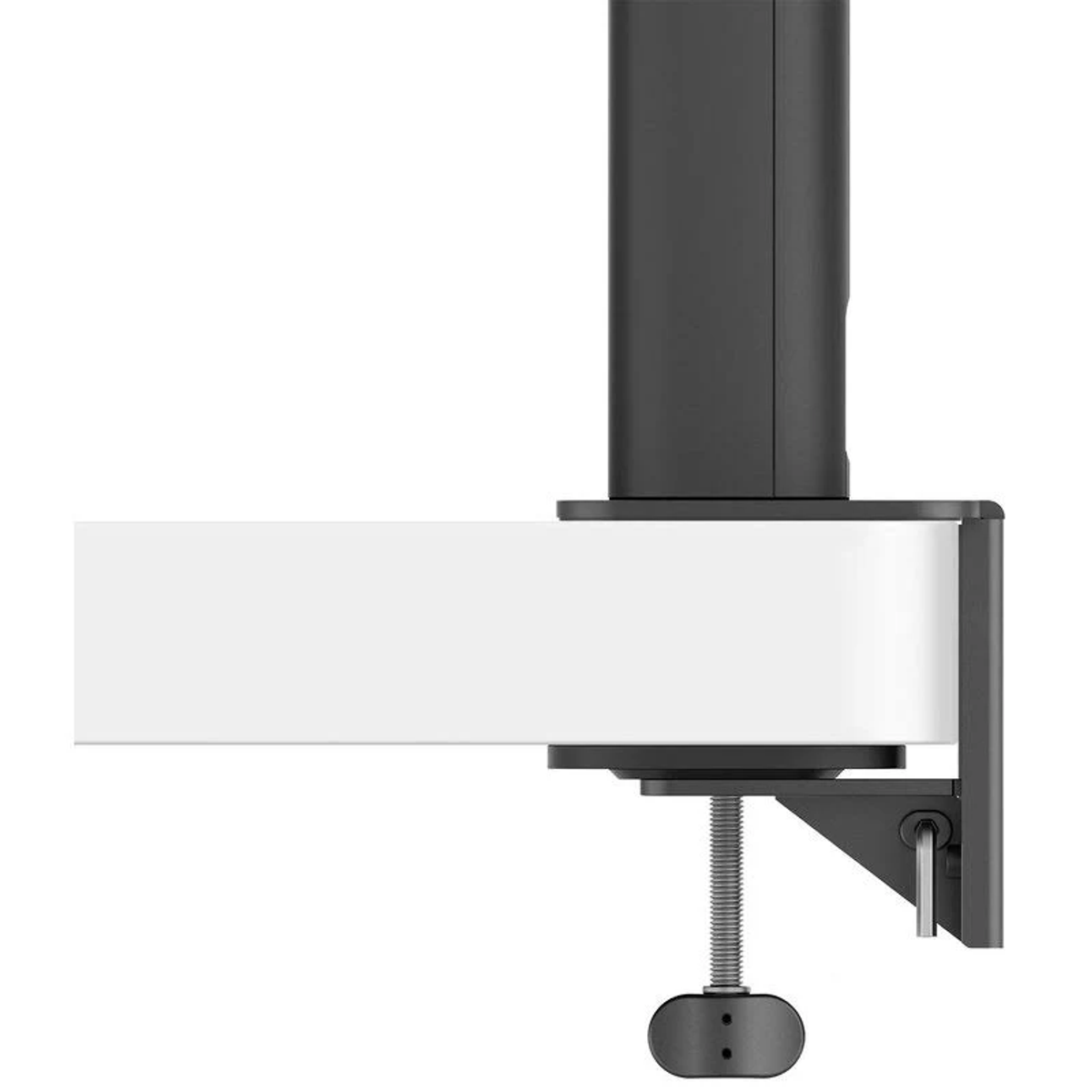 Czarny zacisk do mocowania na biurku. Dołączona biała powierzchnia. Zacisk ma śrubę i uchwyt.