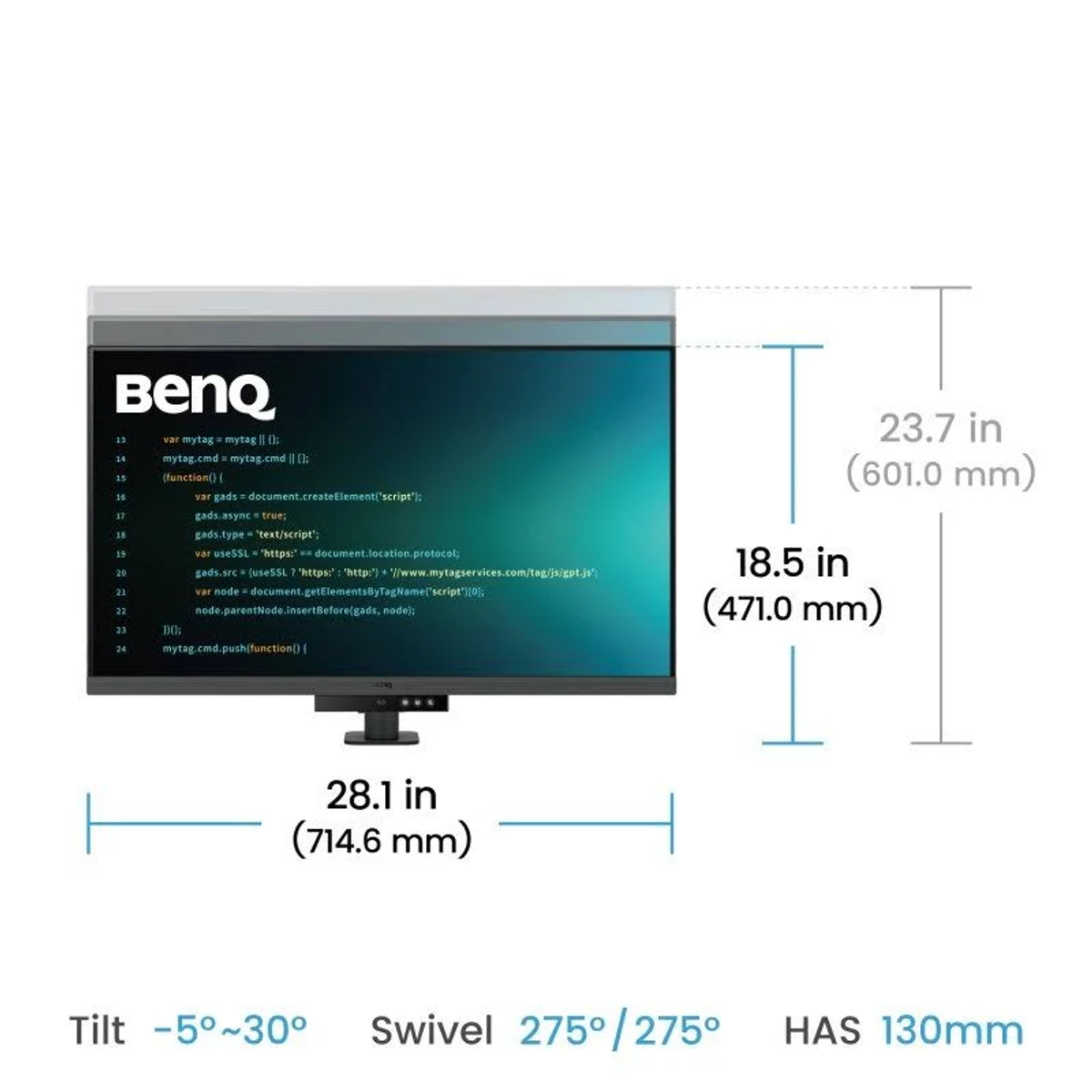 Monitor BenQ z wymiarami i specyfikacjami, w tym pochyleniem, obrotem i HAS.