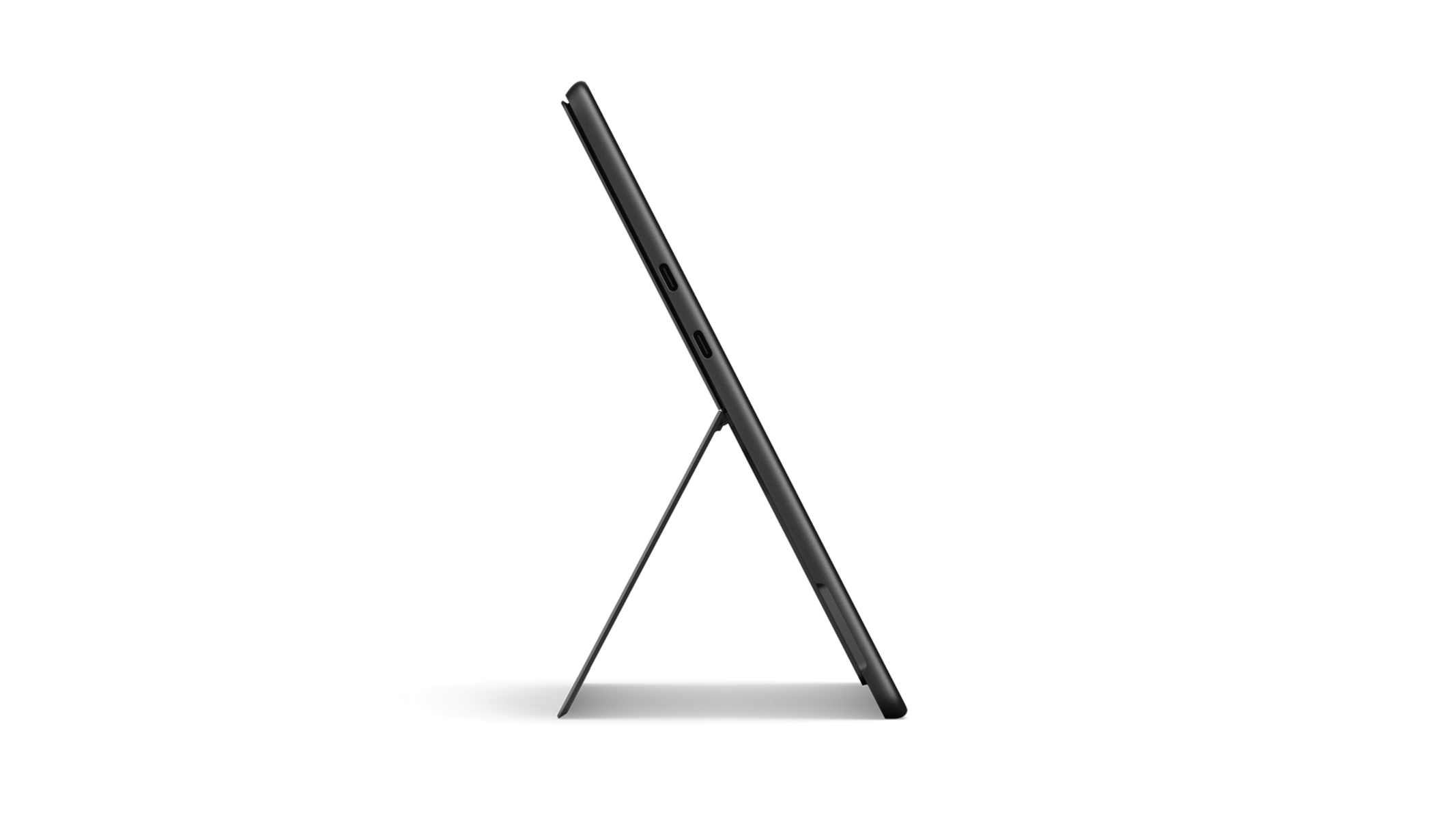 Czarny tablet ze stojakiem. Stojak jest rozłożony, ekran jest ciemny.