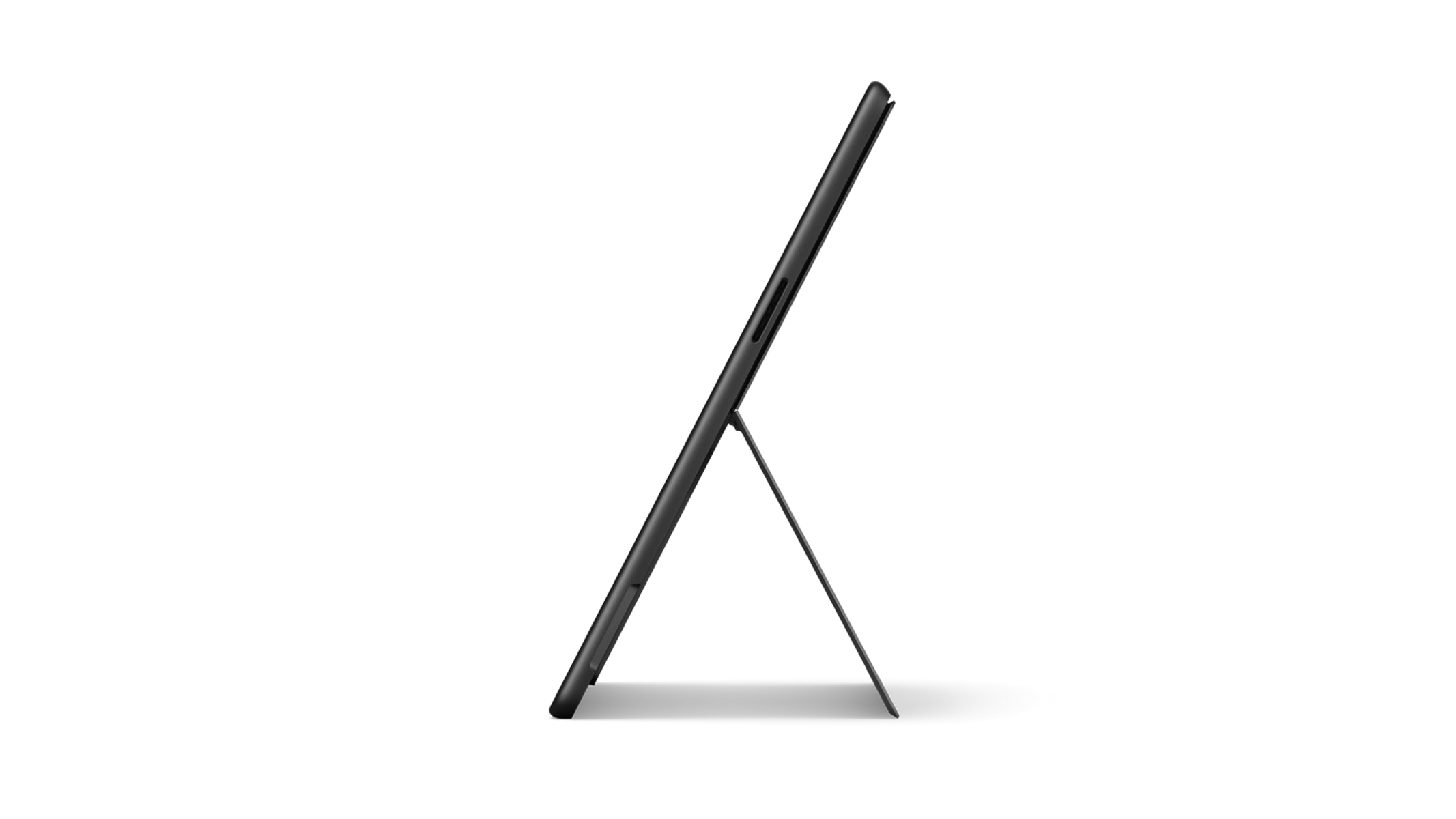 Czarny tablet w widoku z boku, z podpórką podtrzymującą go.