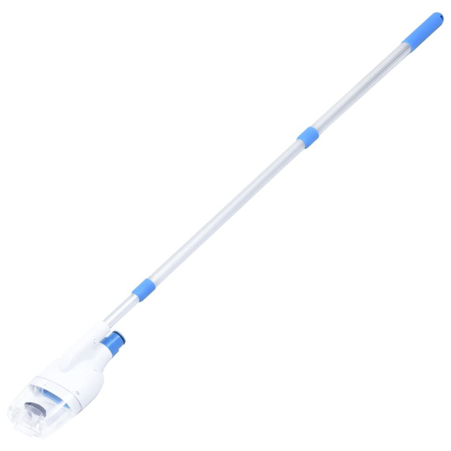 Ein langer, dünner Poolreiniger mit blauem Griff und Kopf, auf weißem Hintergrund.