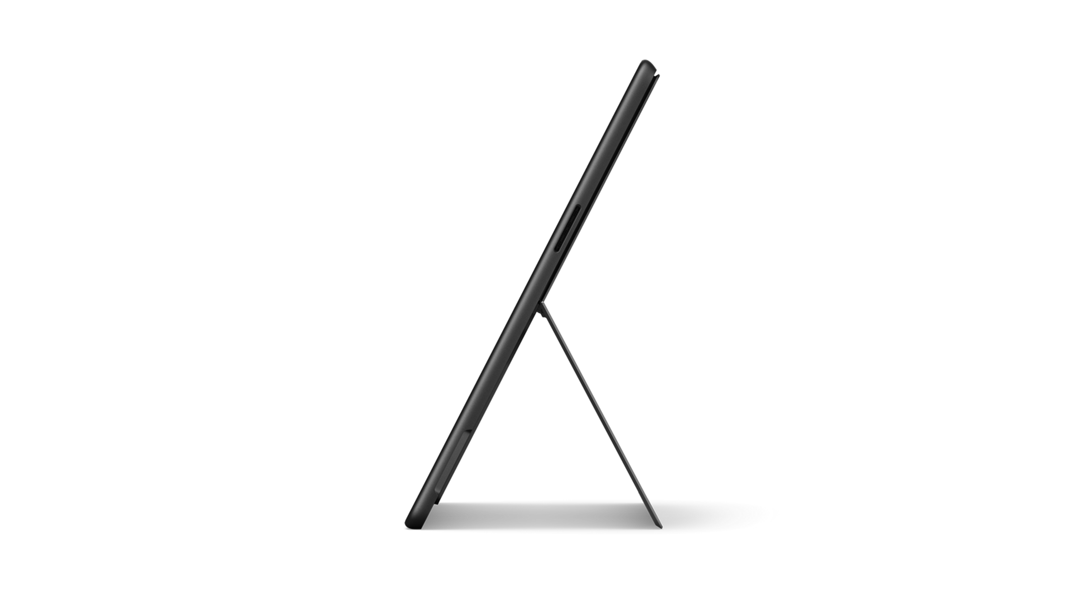 Czarny tablet na czarnej powierzchni, pod kątem do boku, z podpórką.