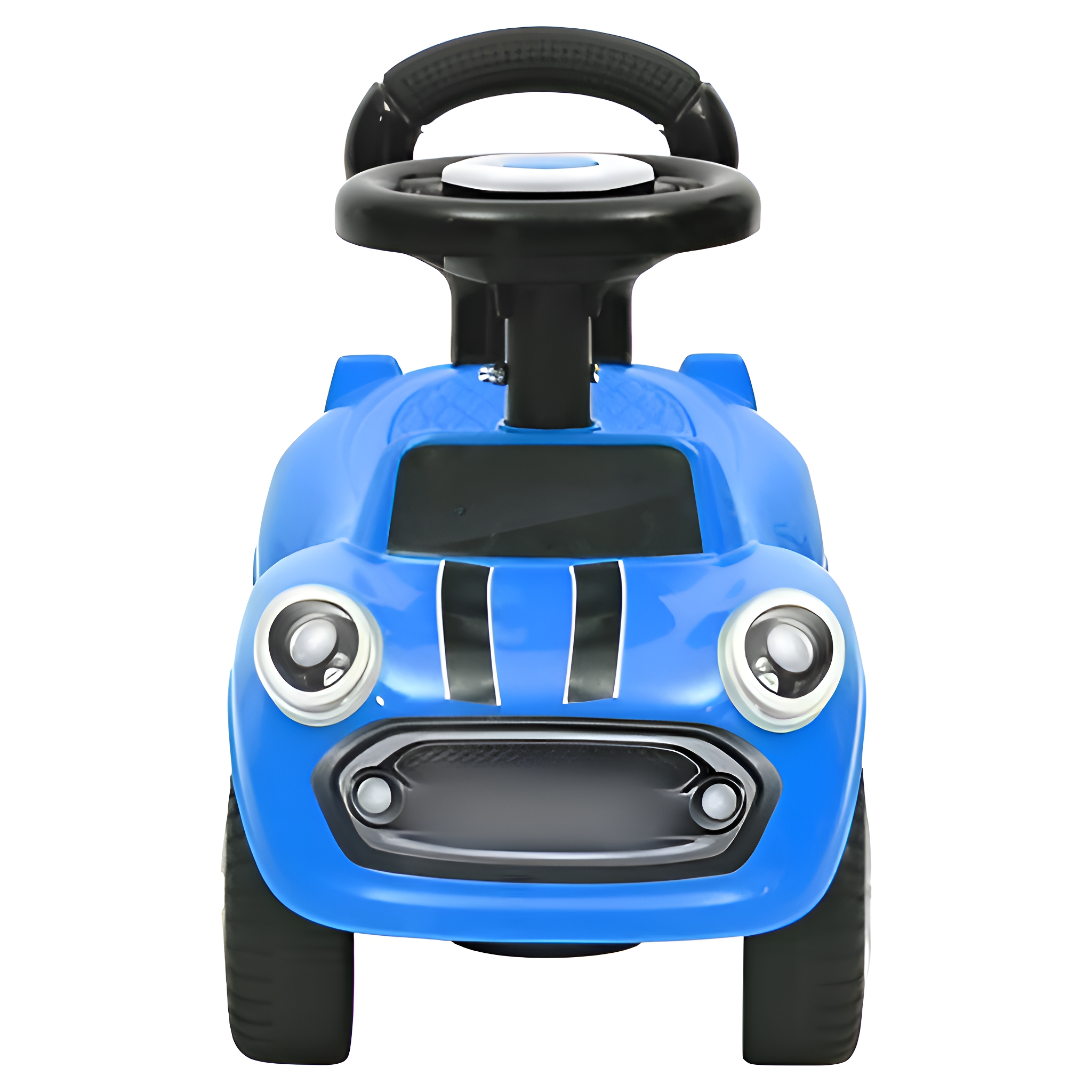 Ein blaues Spielzeugauto mit schwarzen Streifen, einem schwarzen Lenkrad und großen Scheinwerfern.