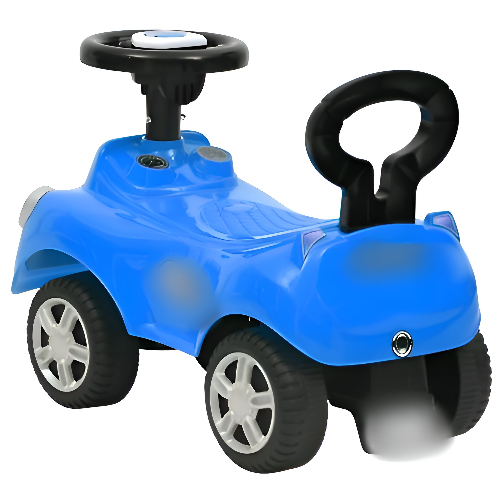Ein blaues Spielzeugauto mit Lenkrad und Griff zum Schieben, auf weißem Hintergrund.