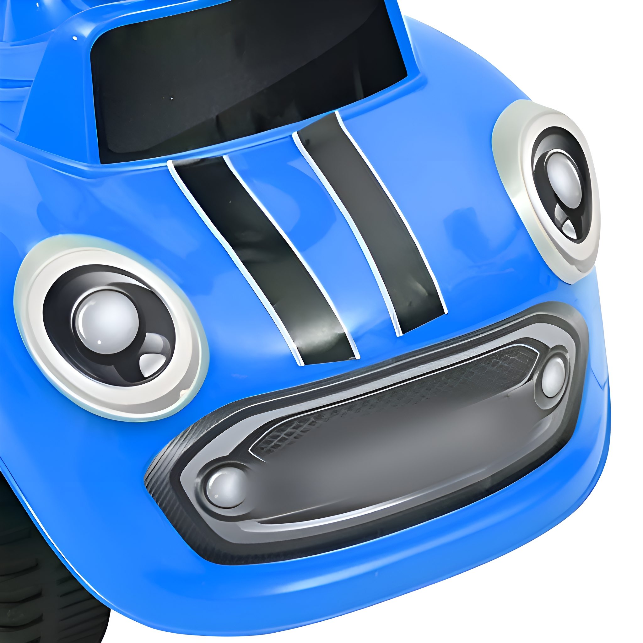 Blaue Spielzeugautofront mit schwarzen Streifen. Das Auto hat Scheinwerfer und einen großen Kühlergrill.